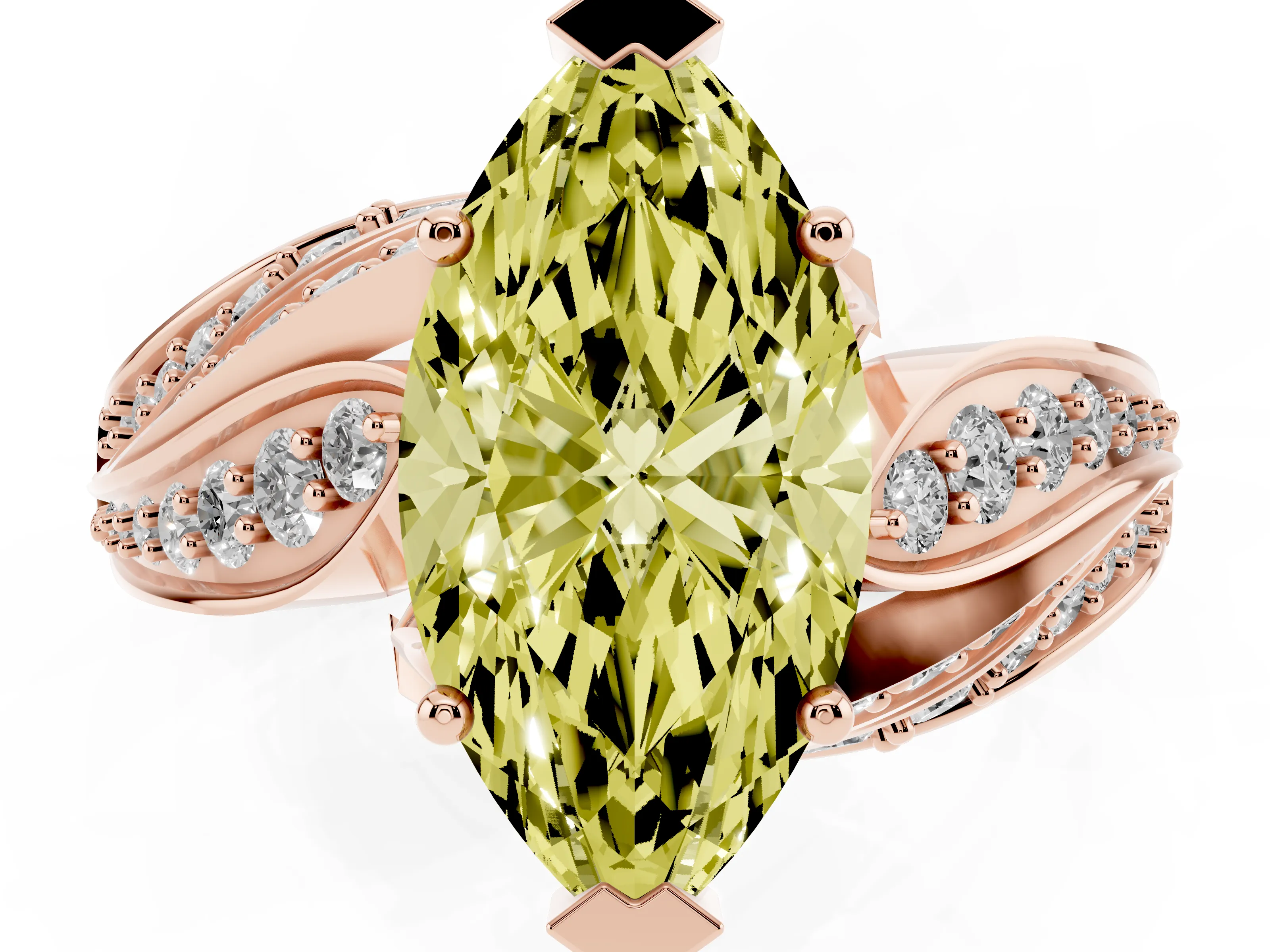 Fancy Yellow Marquise Cut Diamond Solitaire Ring Set in Rose gold with Layered Twist Pavé Band