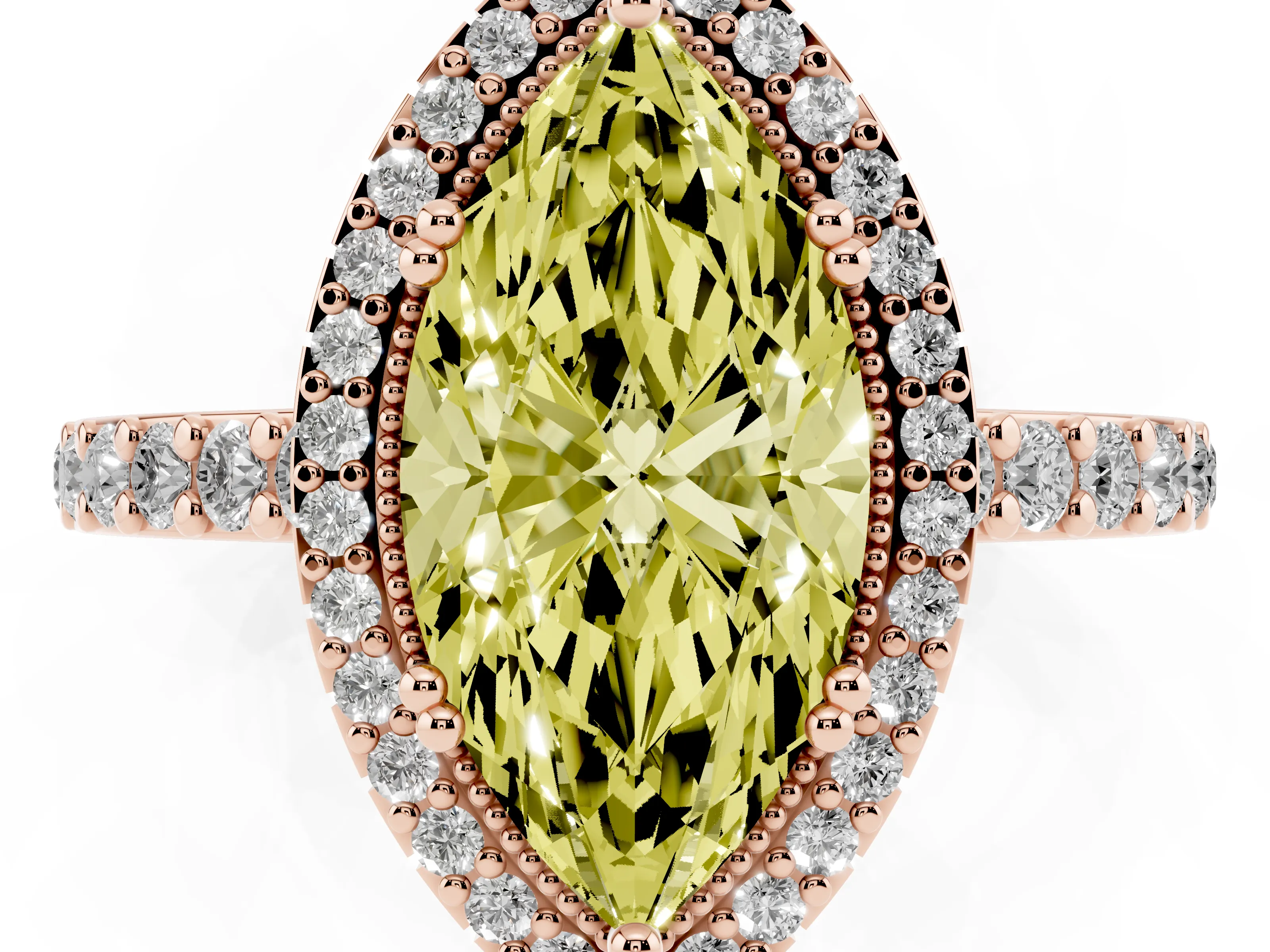 Fancy Yellow Marquise Cut Diamond Halo Engagement Ring Set in Rose gold with Milgrain Detail and Pavé Band