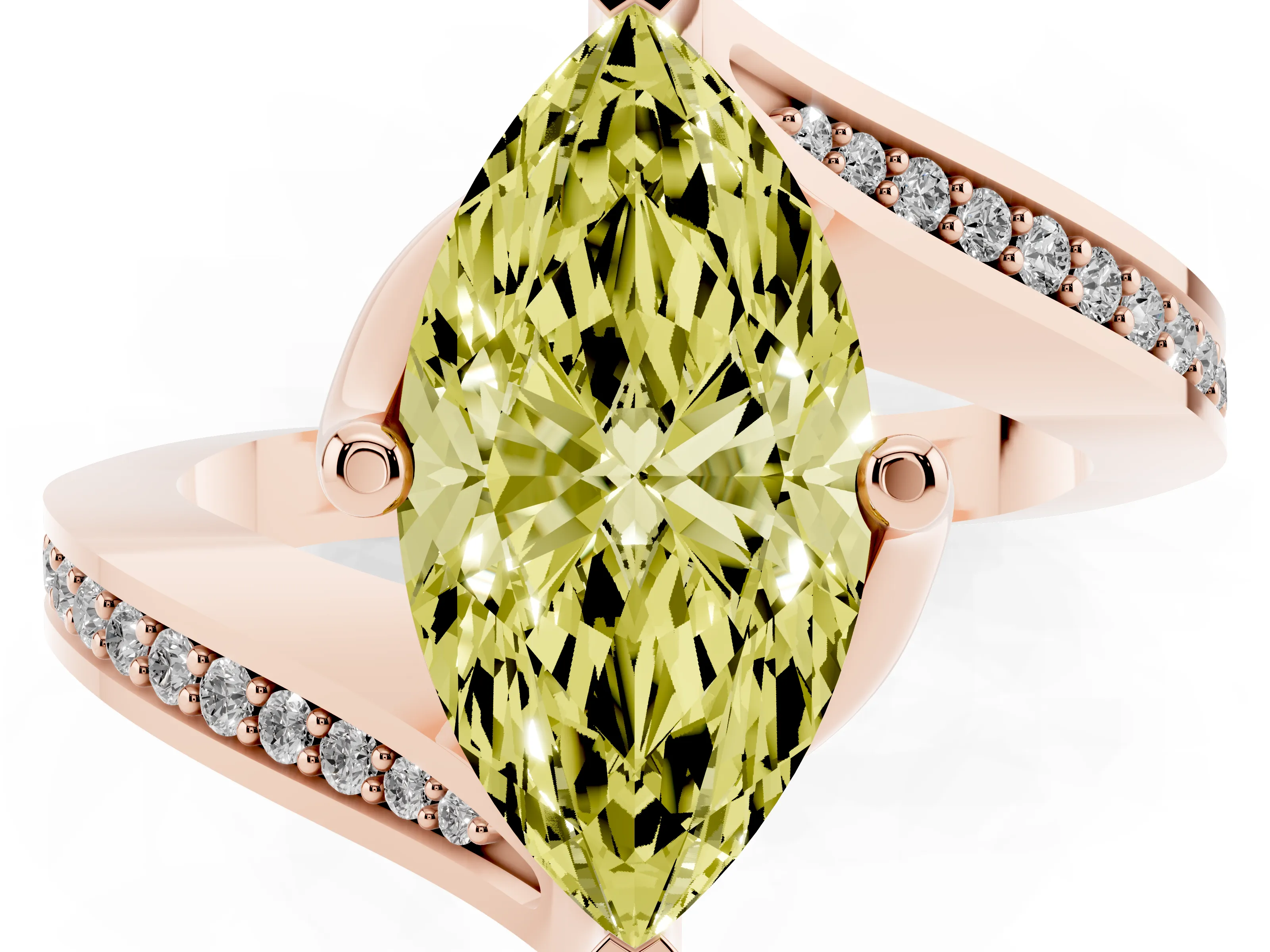 Fancy Yellow Marquise Cut Diamond Solitaire Ring Set in Rose gold with Intertwined Pavé Twist Band