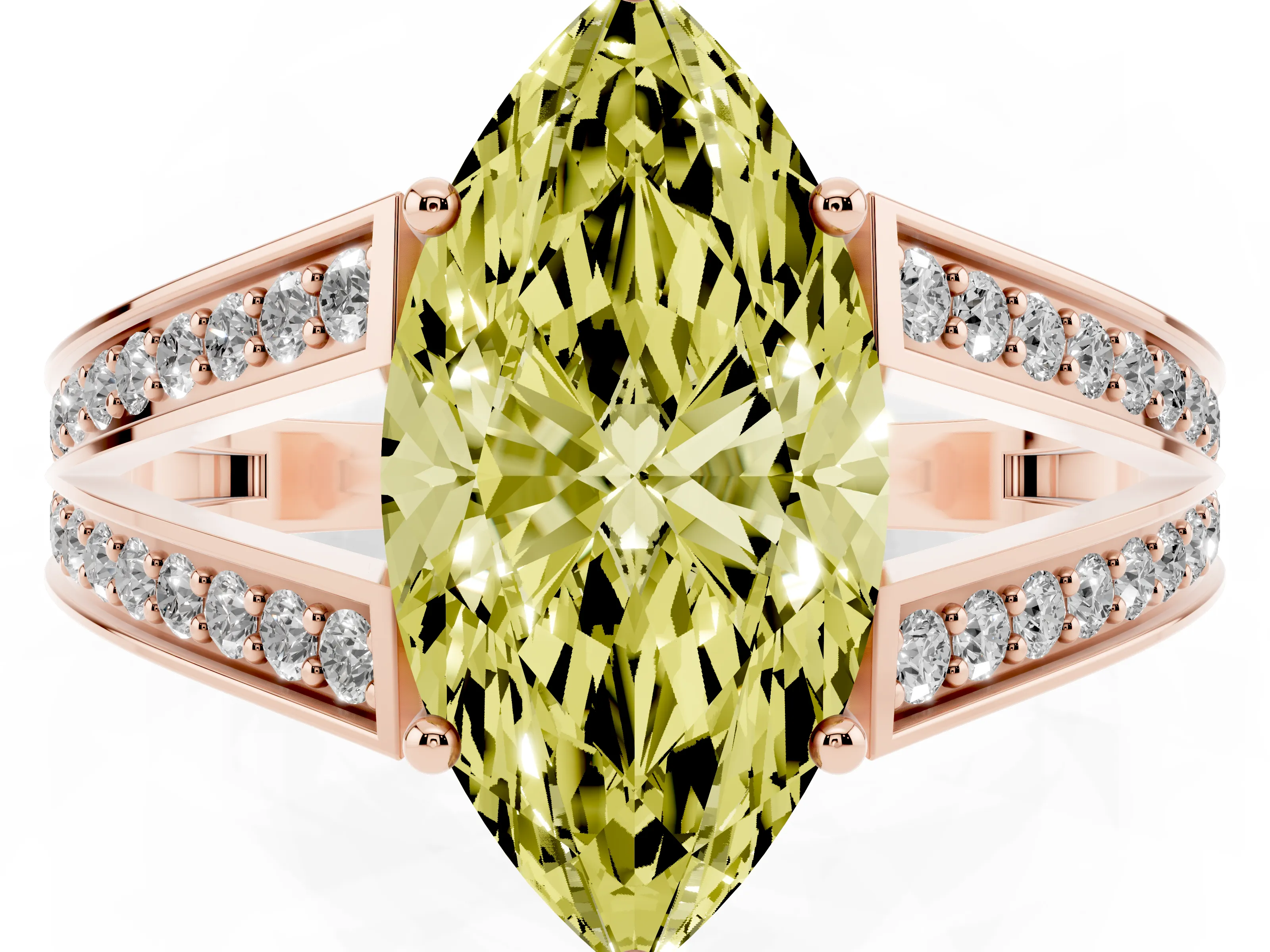 Fancy Yellow Marquise Cut Diamond Split Shank Ring Set in Rose gold with Pavé Band and Prong Setting