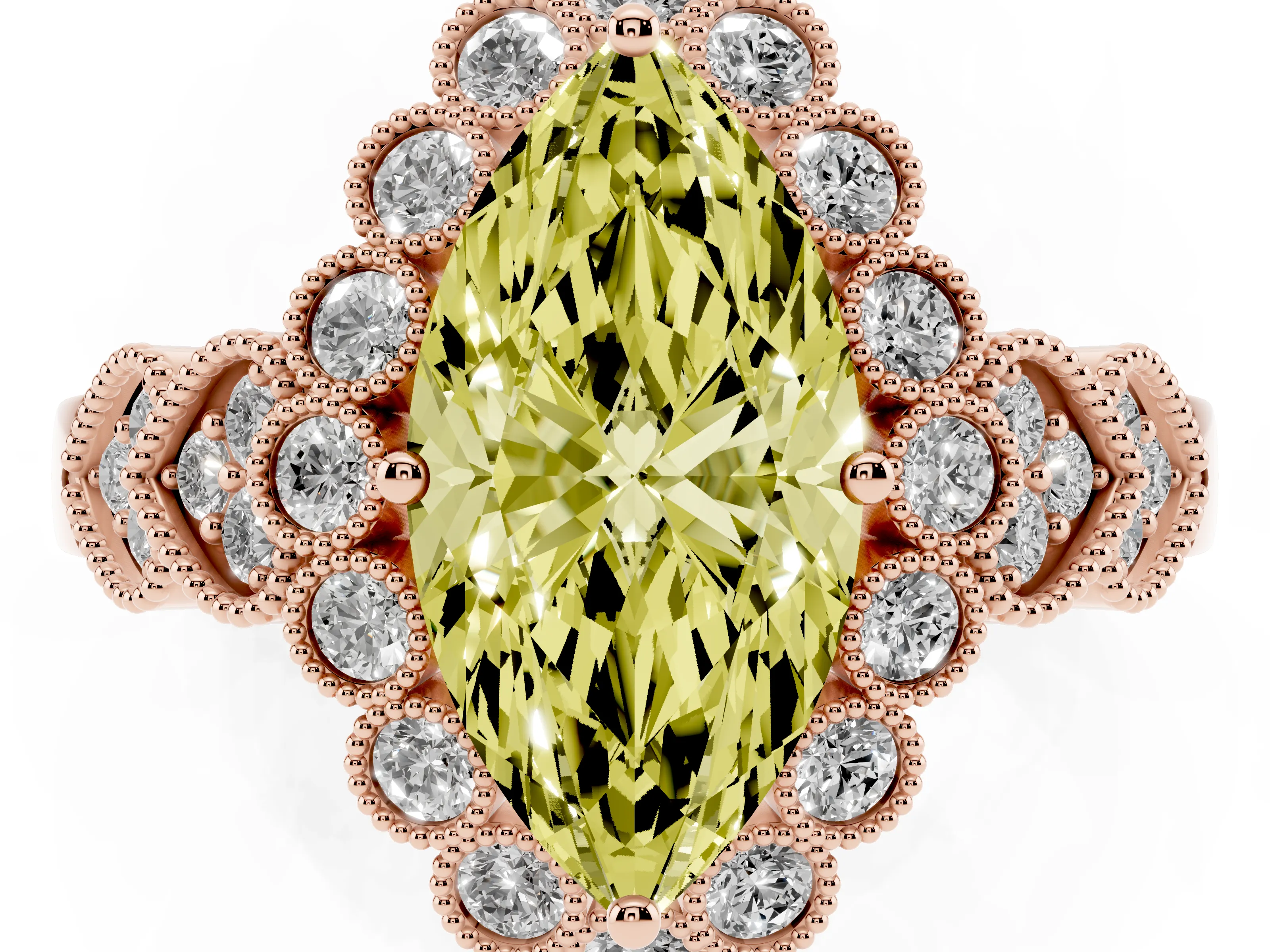 Fancy Yellow Marquise Cut Diamond Solitaire Ring Set in Rose gold with Milgrain Pavé Heart Band
