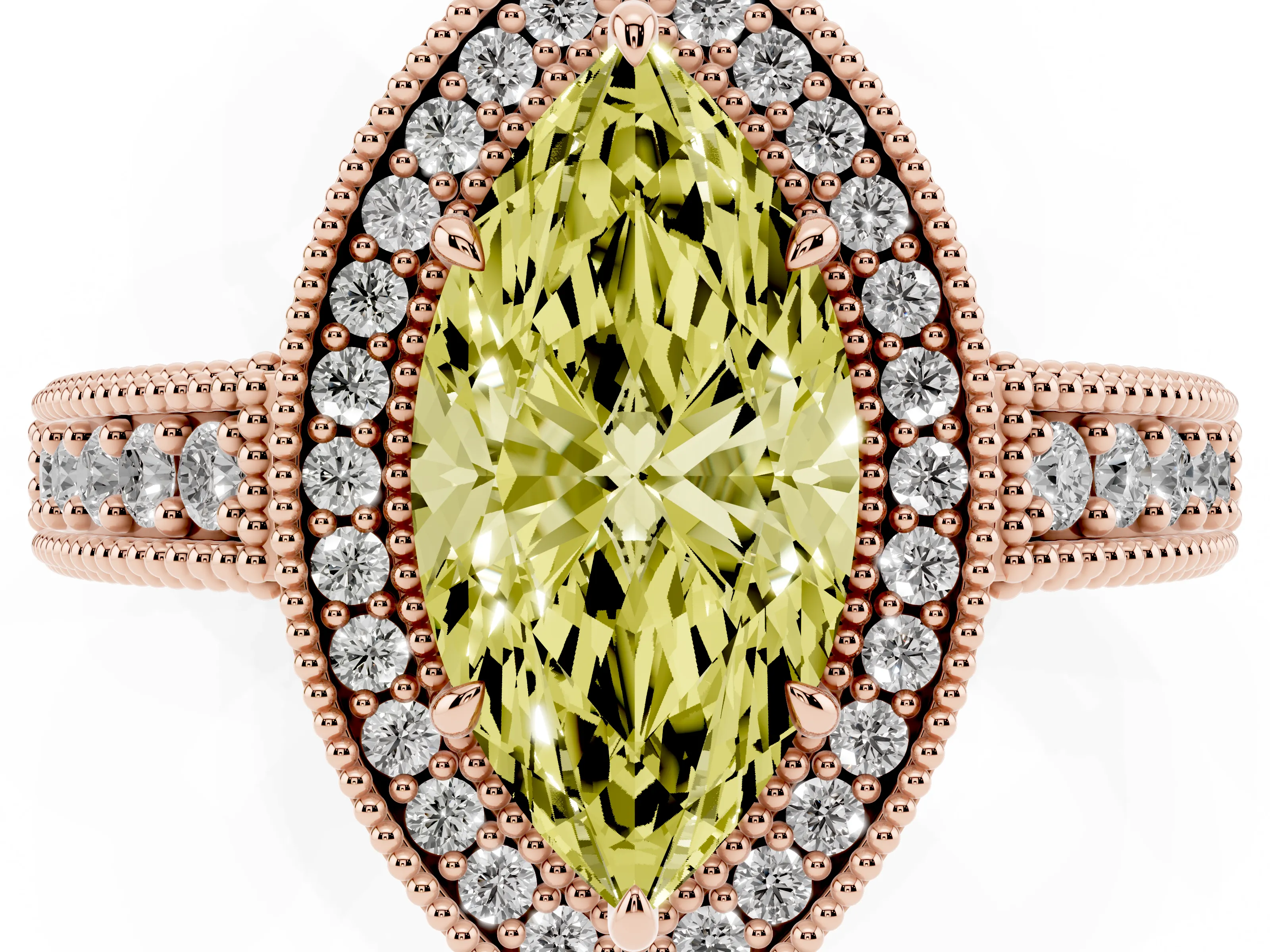 Fancy Yellow Marquise Cut Diamond Halo Ring Set in Rose gold with Round Accent Halo, Pavé Band and Prong Setting