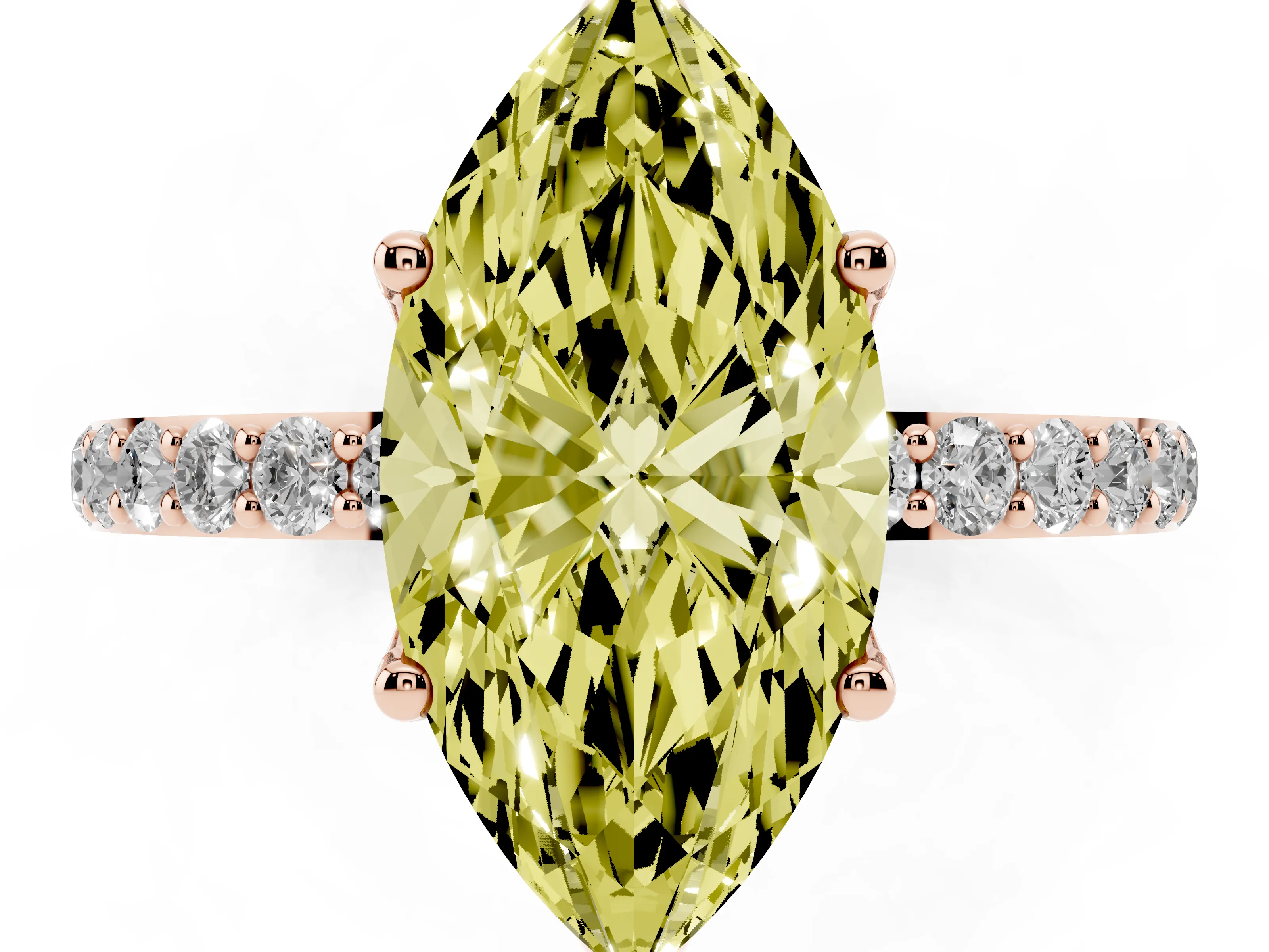 Fancy Yellow Marquise Cut Diamond Solitaire Engagement Ring Set in Rose gold with Round Pavé Band and Prong Setting