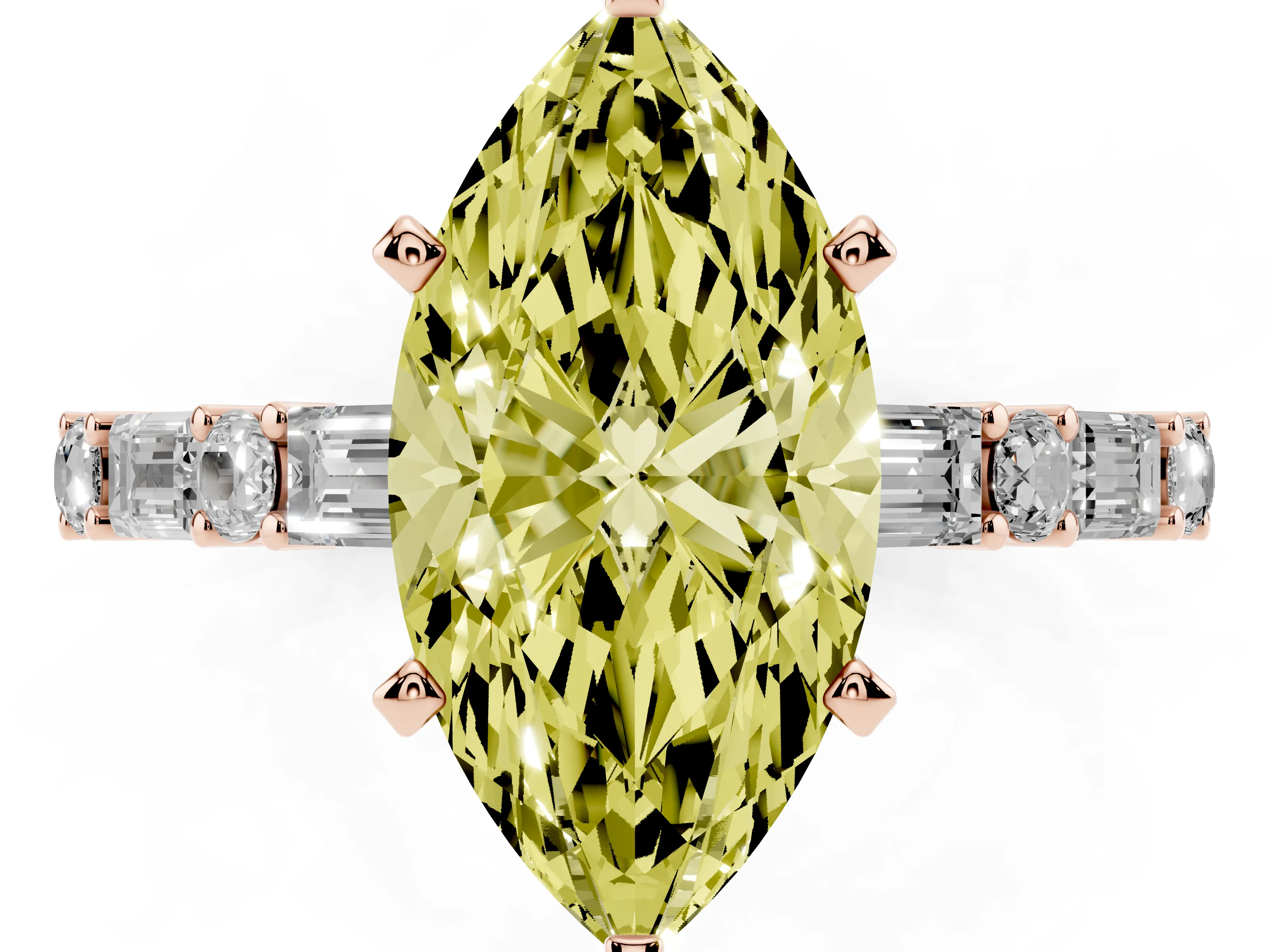 Fancy Yellow Marquise Cut Diamond Solitaire Set in Rose gold with Side Baguettes and Channel Set Band