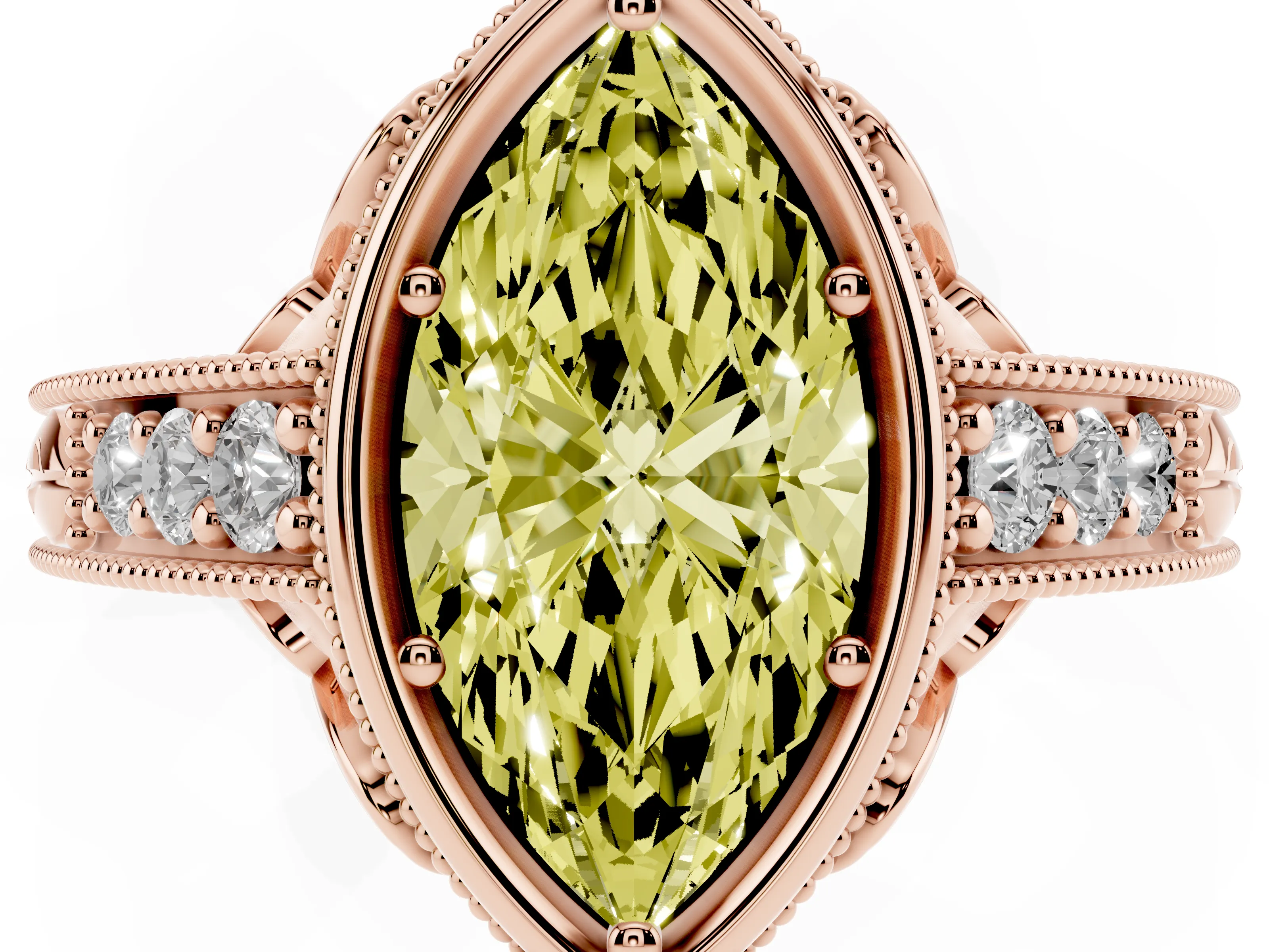 Fancy Yellow Bezel Set Marquise Cut Diamond Milgrain Pavé Engagement Ring Set in Rose gold