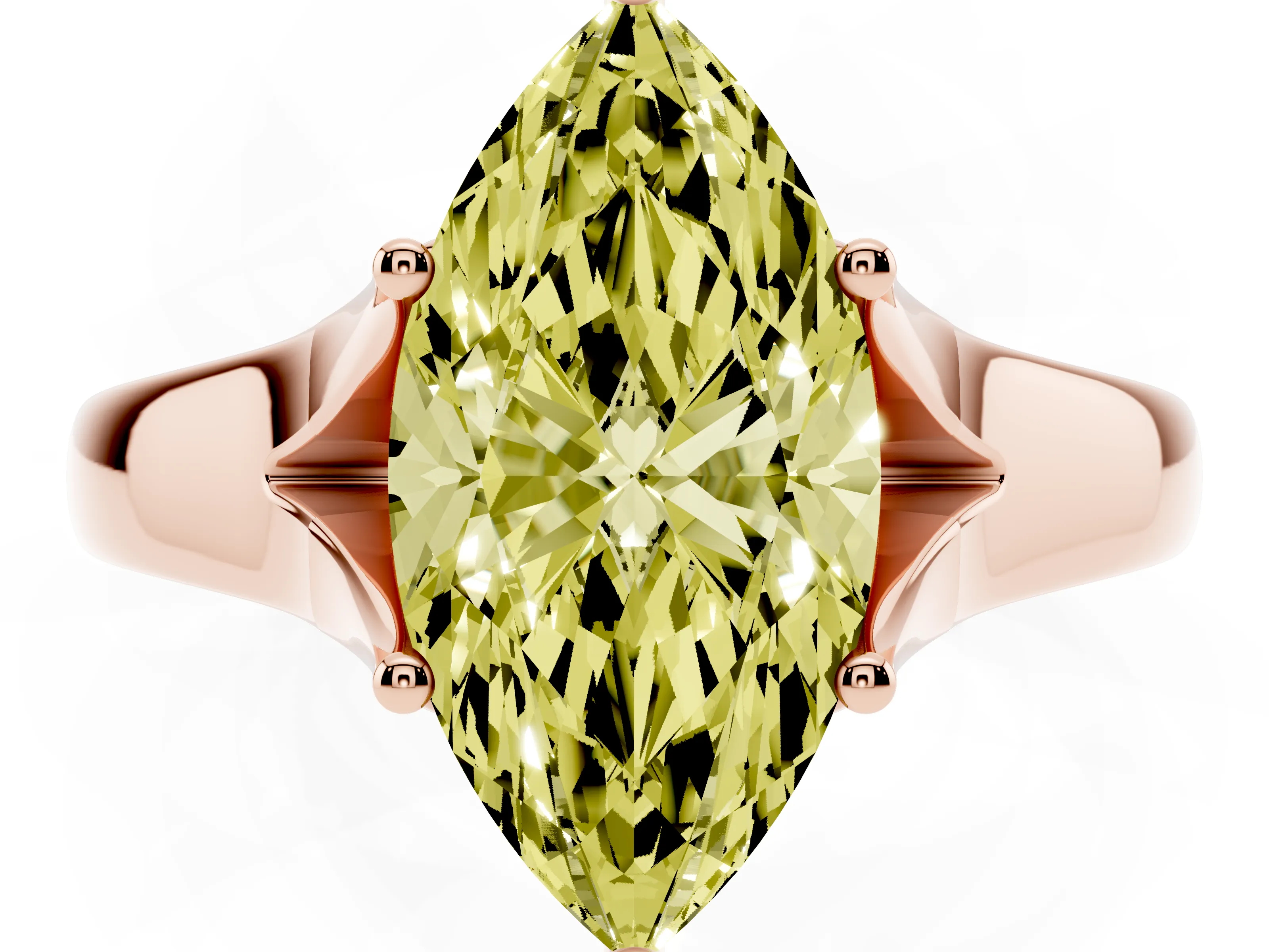 Fancy Yellow Marquise Cut Diamond Solitaire Ring Set in Rose gold with Arched Cathedral Band and Prong Setting