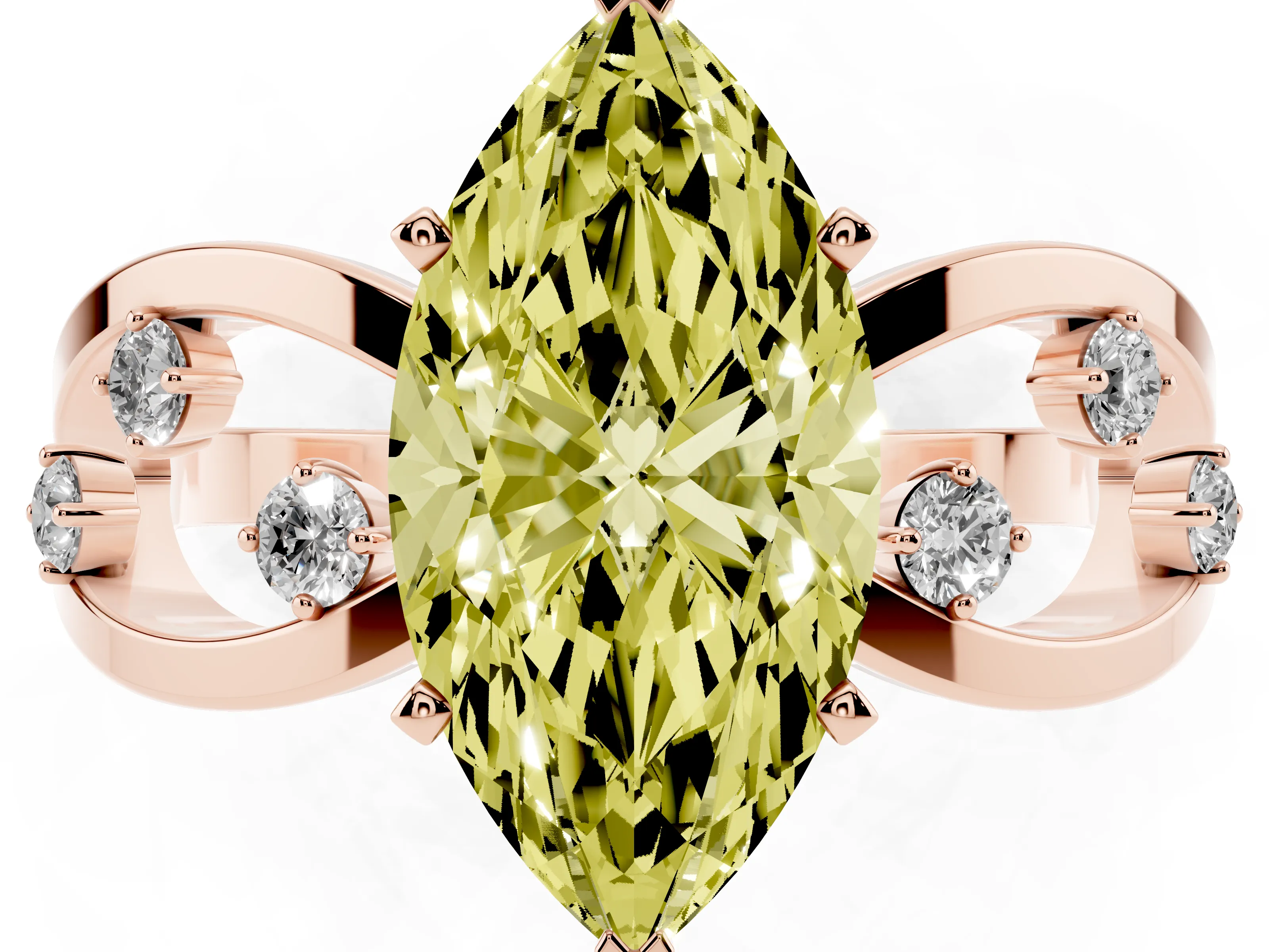 Fancy Yellow Marquise Cut Diamond Solitaire Ring Set in Rose gold with Side Stones on Criss-Cross Band and Prong Setting