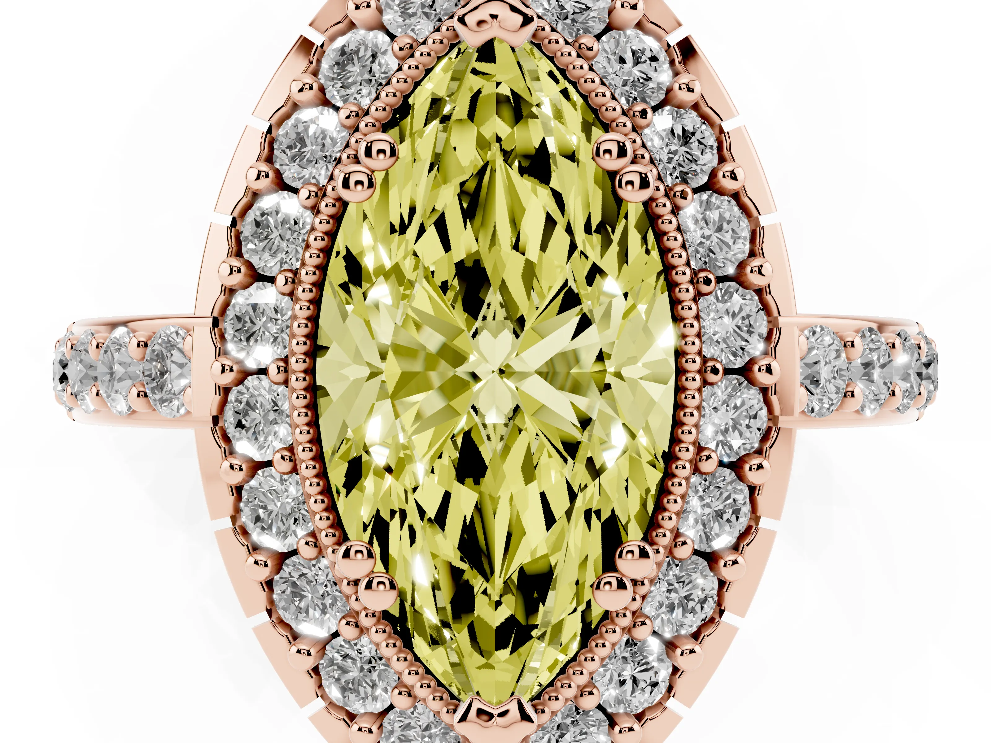 Fancy Yellow Marquise Cut Diamond Halo Ring Set in Rose gold with Pavé Shank and Prong Setting