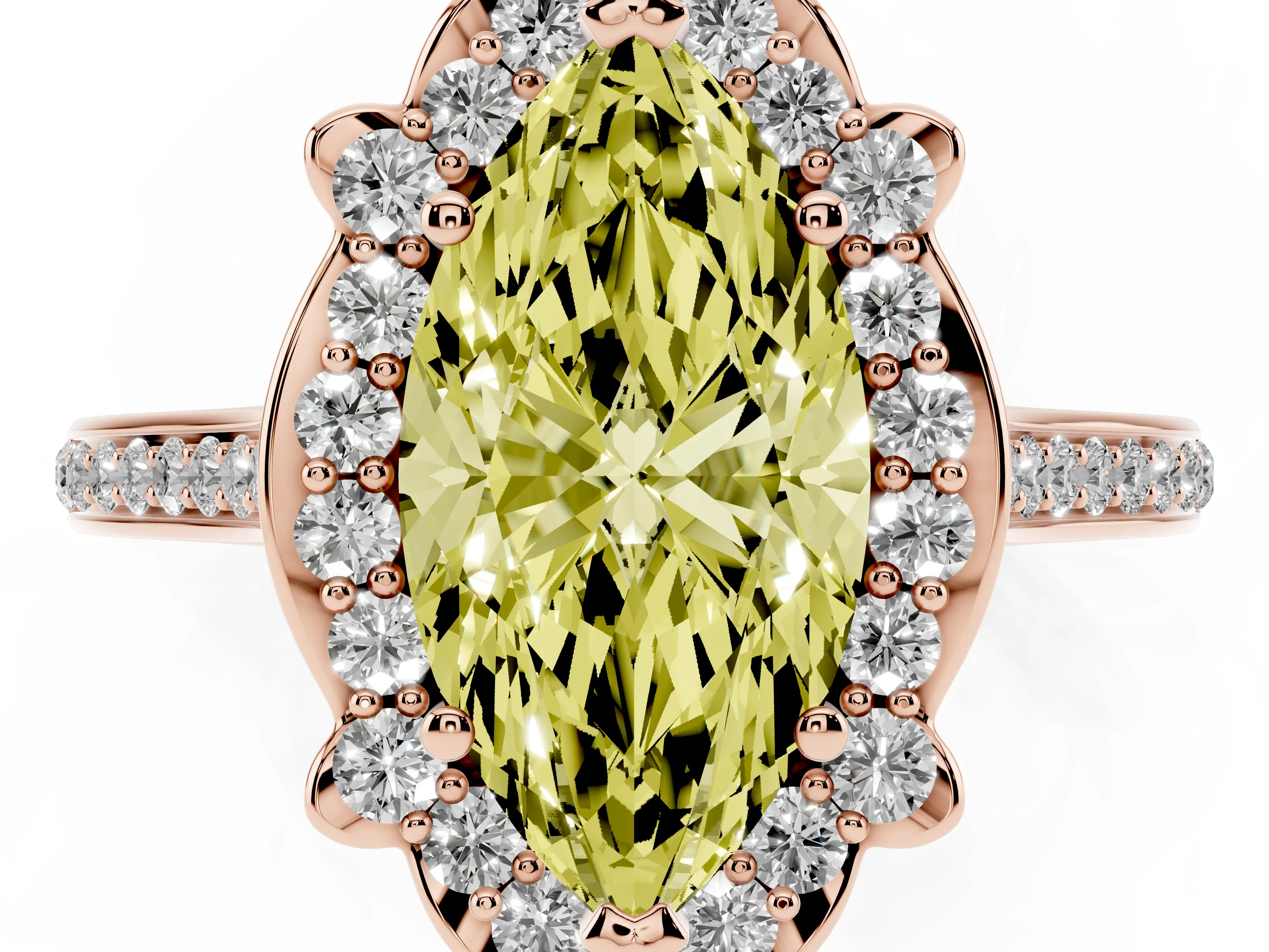 Fancy Yellow Marquise Cut Diamond Halo Ring Set in Rose gold with Pavé-Lined Shoulders and Prong Setting
