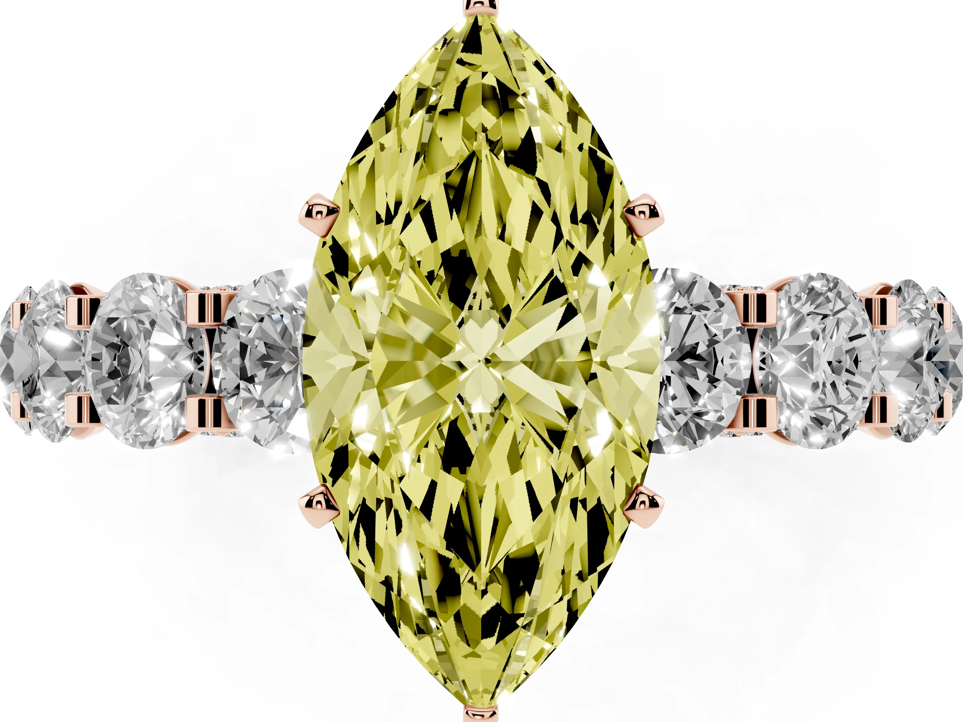 Fancy Yellow Marquise Cut Diamond Side Stone Ring Set in Rose gold with Alternating Round and Oval Side Stones