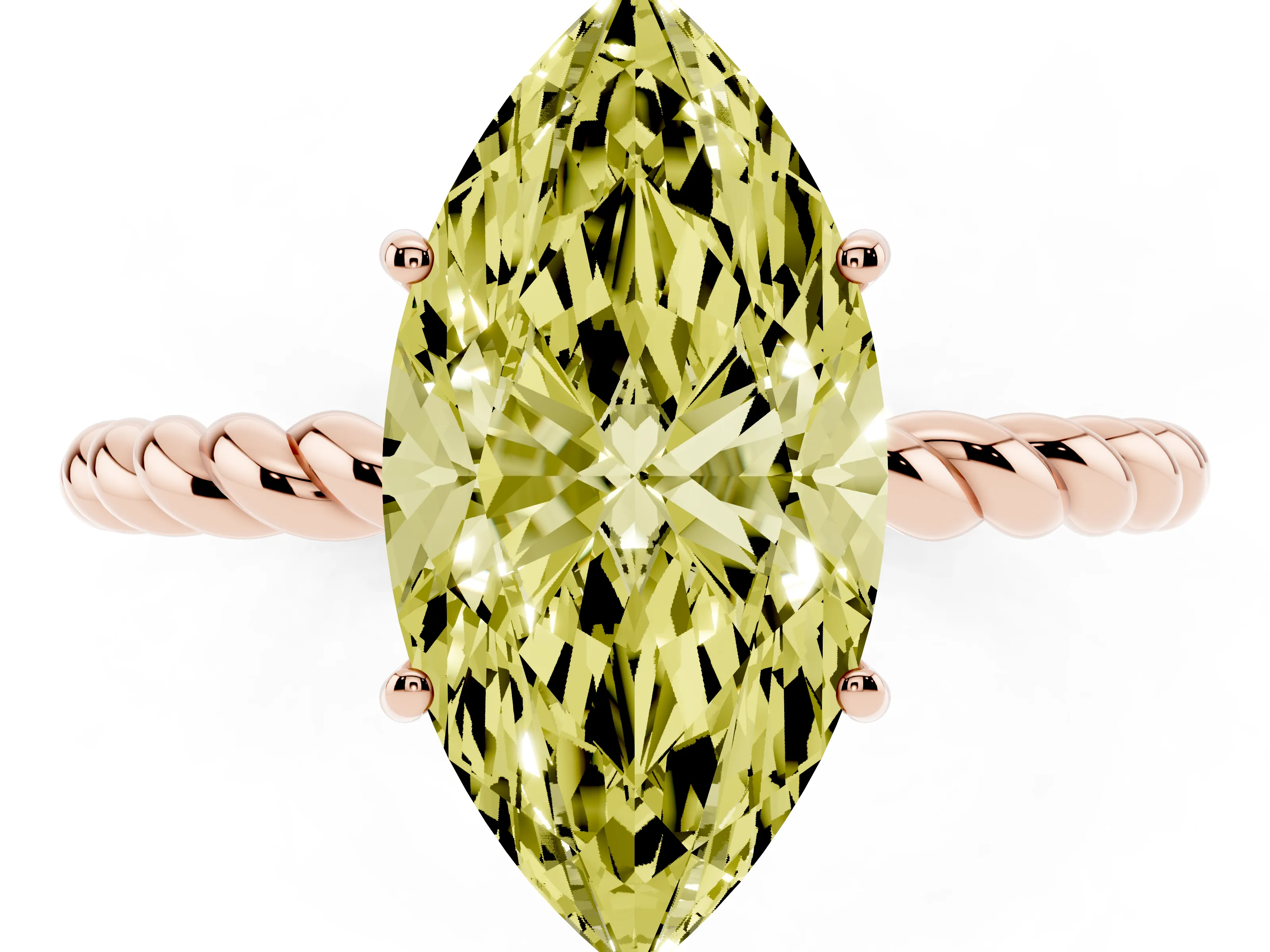 Fancy Yellow Marquise Cut Diamond Solitaire Ring Set in Rose gold with Twist Band and Prong Setting