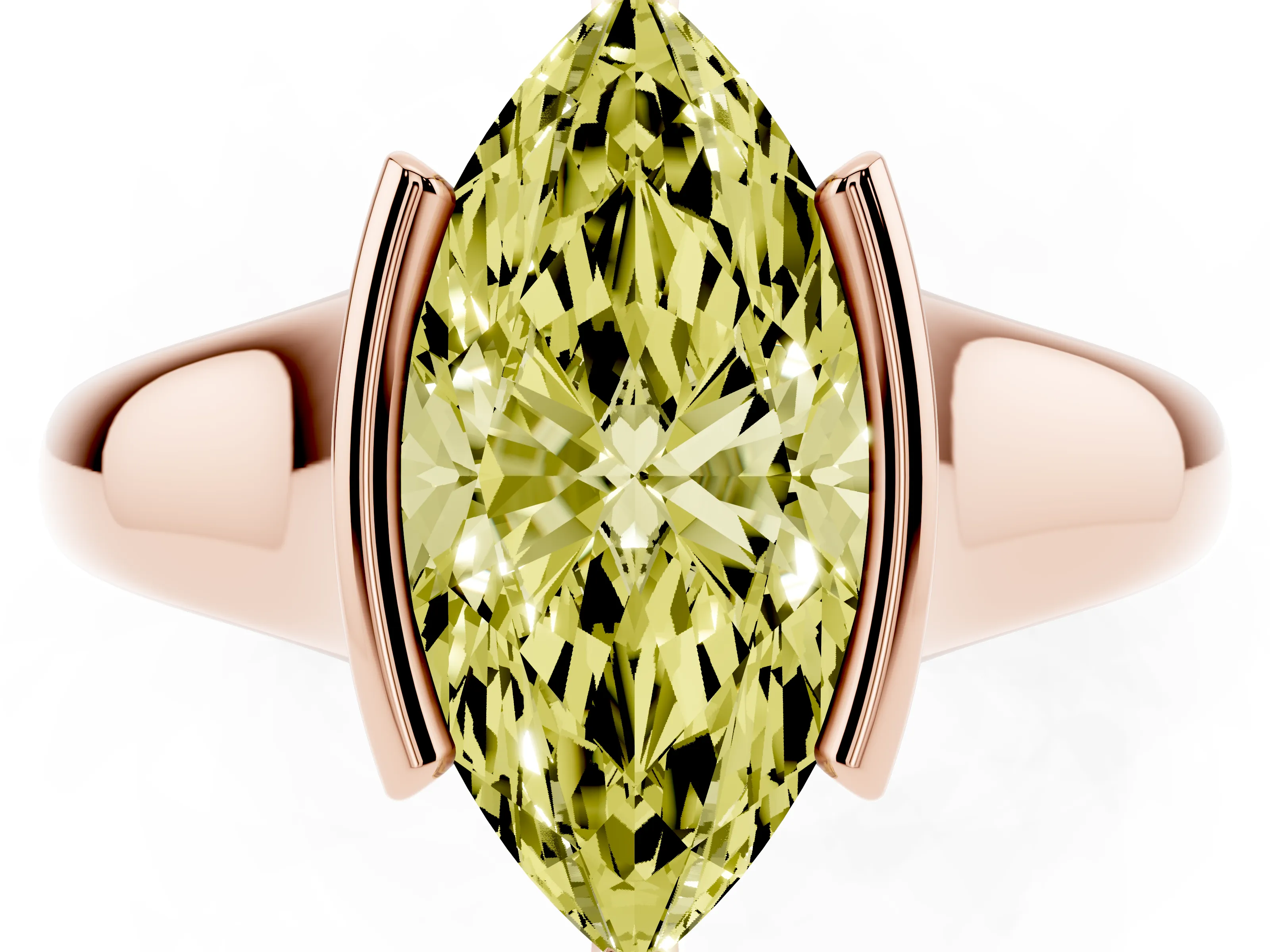 Fancy Yellow Marquise Cut Diamond Solitaire Tension Set Ring Set in Rose gold with Split Shank Band