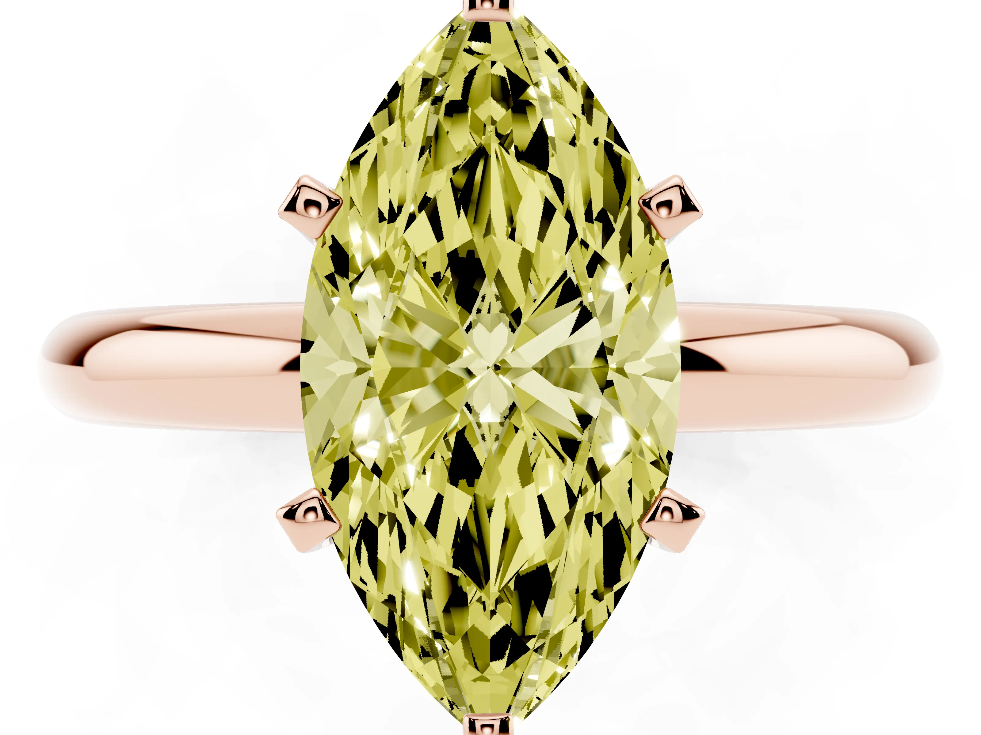Fancy Yellow Marquise Cut Diamond Solitaire Engagement Ring Set in Rose gold with Round Band and Prong Setting