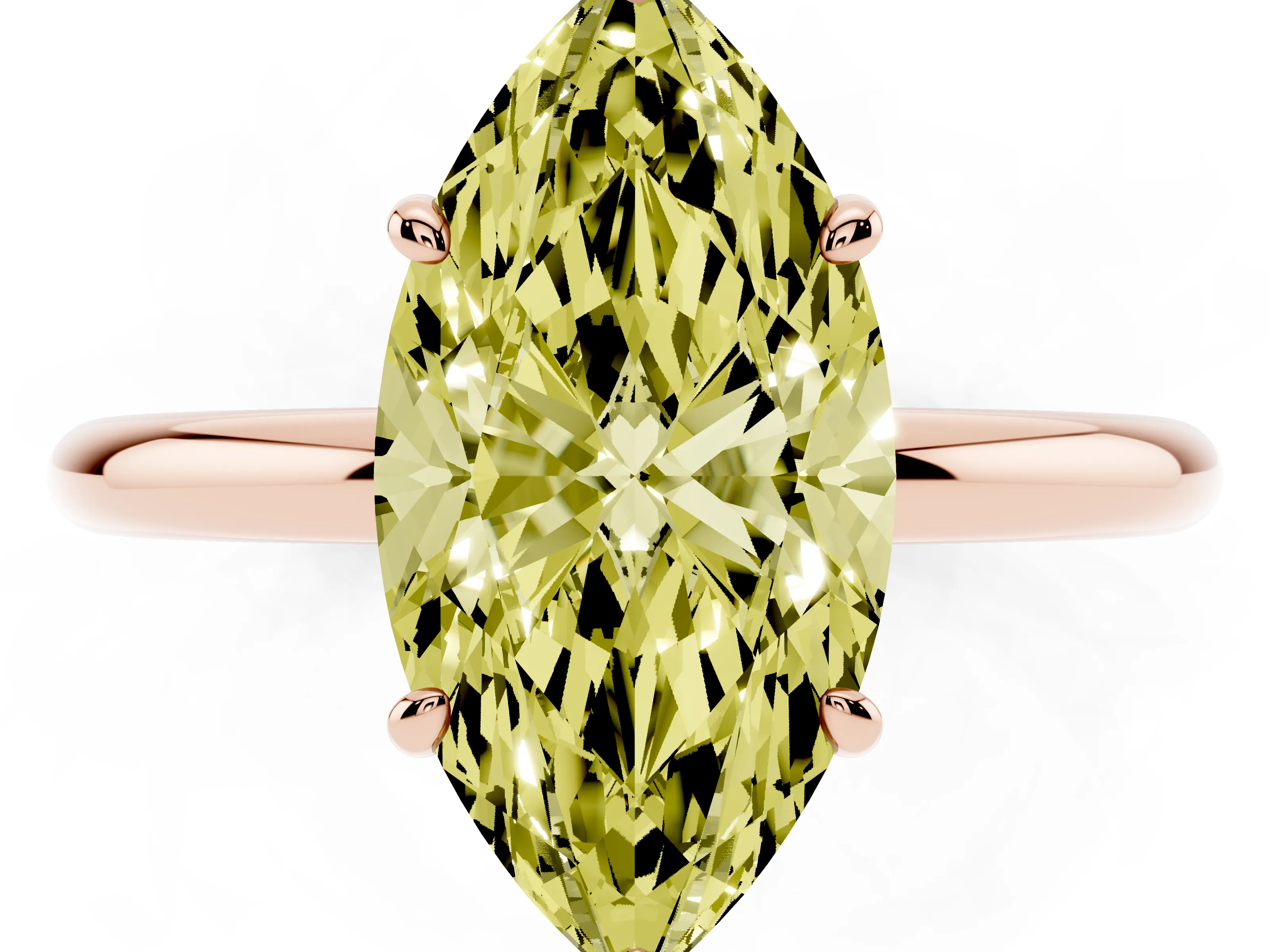 Fancy Yellow Marquise Cut Diamond Solitaire Ring Set in Rose gold with Prong Setting on a Polished Plain Band