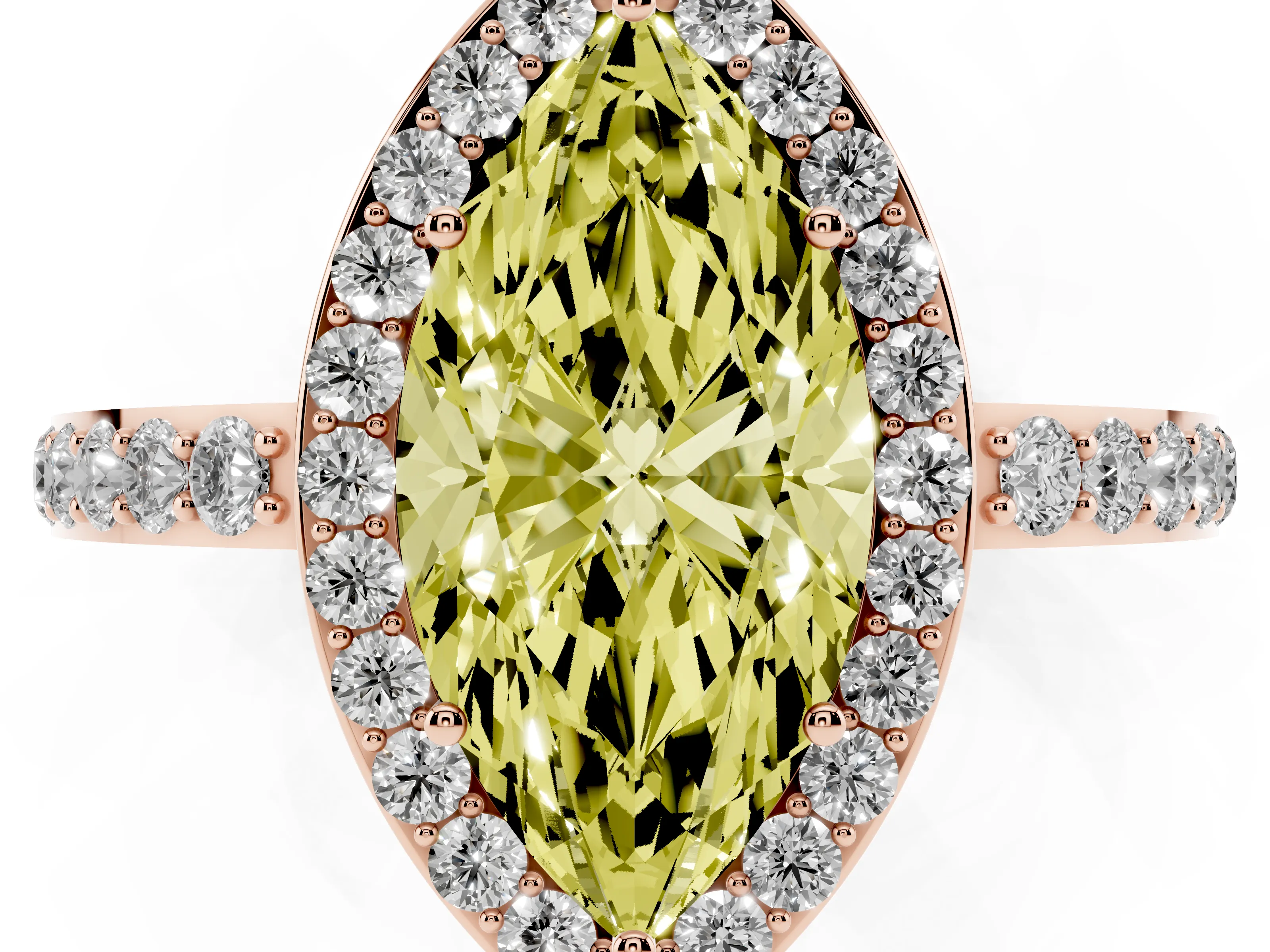 Fancy Yellow Marquise Cut Diamond Halo Ring Set in Rose gold with Pavé-Setting Band and Open Prong Center