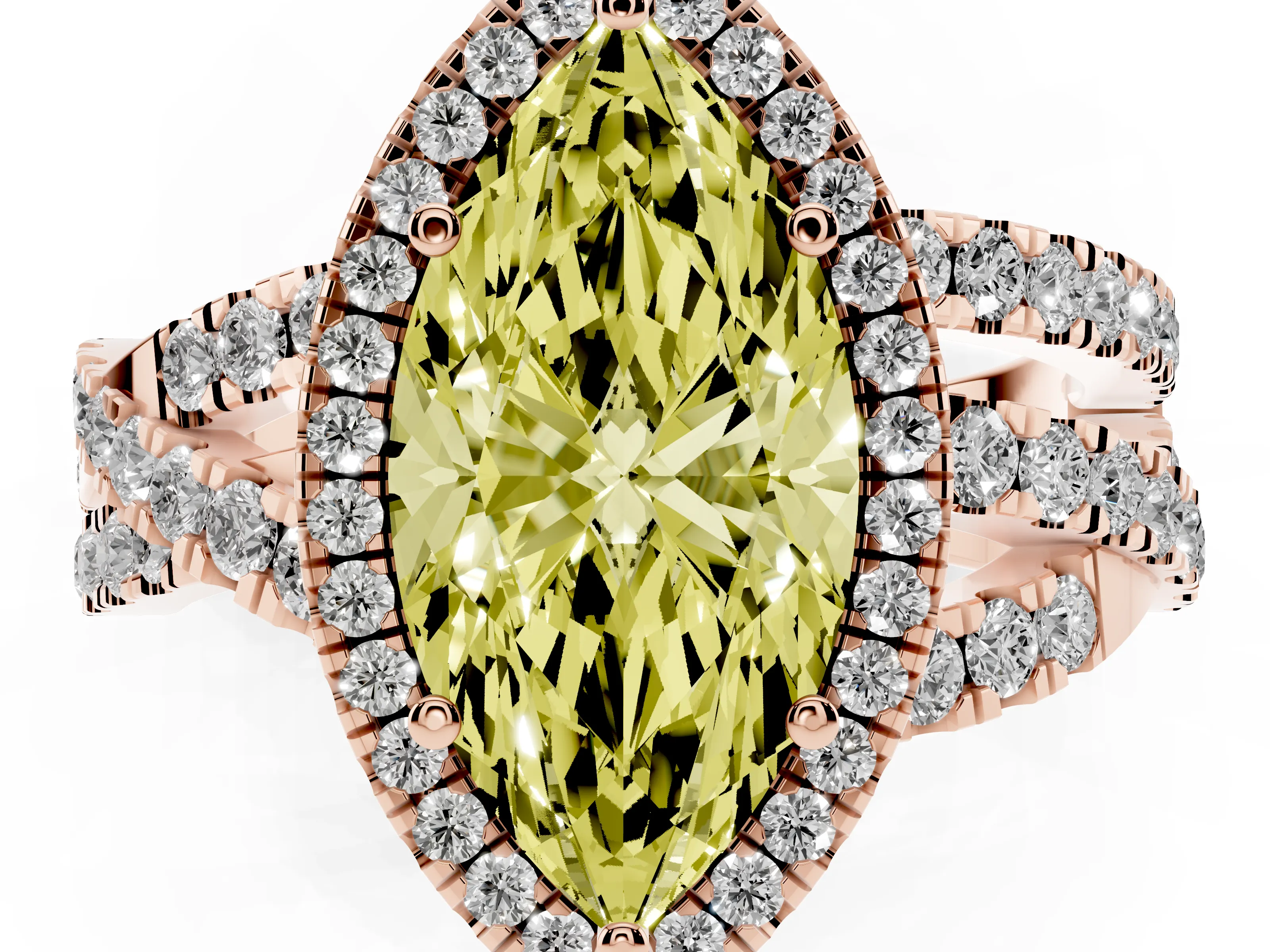 Fancy Yellow Marquise Cut Diamond Halo Ring Set in Rose gold with Round Crossover Split Shank and Prong Setting