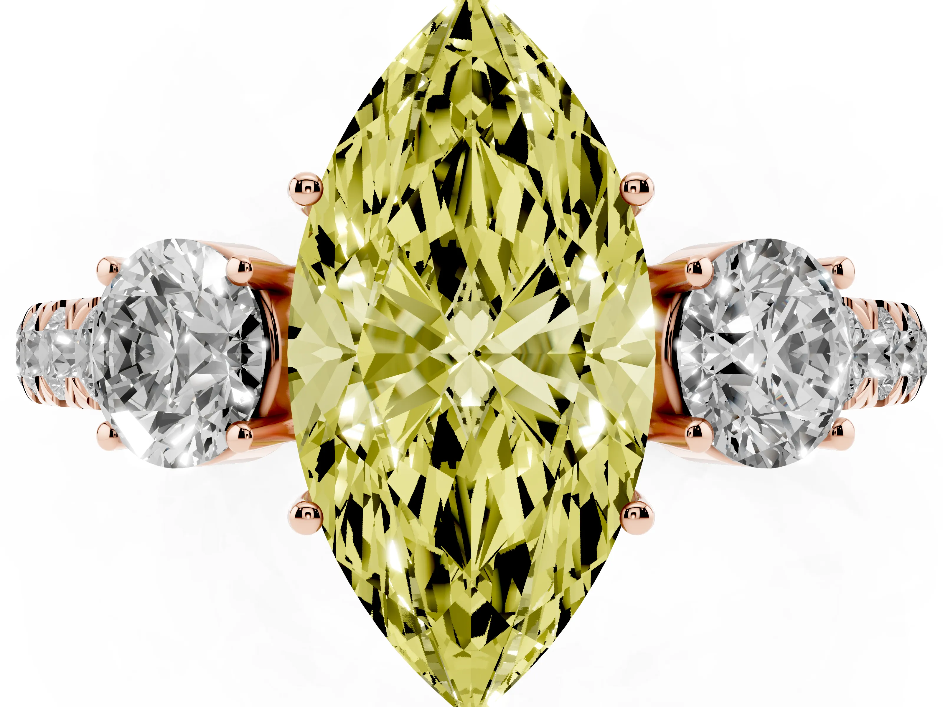 Fancy Yellow Marquise Cut Diamond Three-Stone Ring Set in Rose gold with Round Side Stones and Delicate Pavé Band