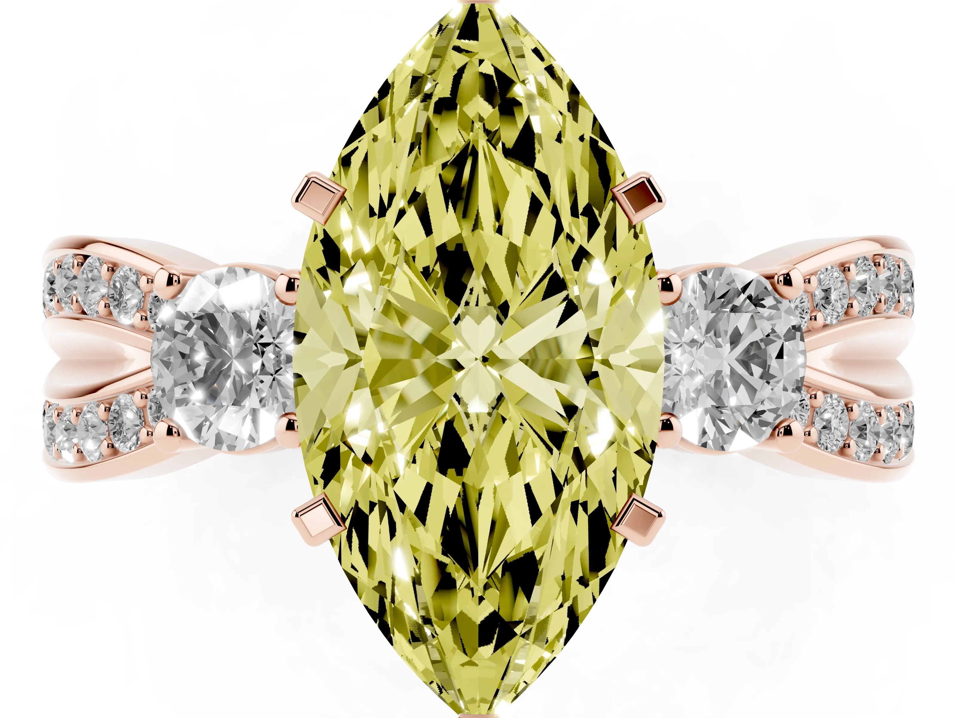 Fancy Yellow Three-Stone Marquise Cut Diamond Twist Band Ring Set in Rose gold with Pavé Accents and Prong Setting
