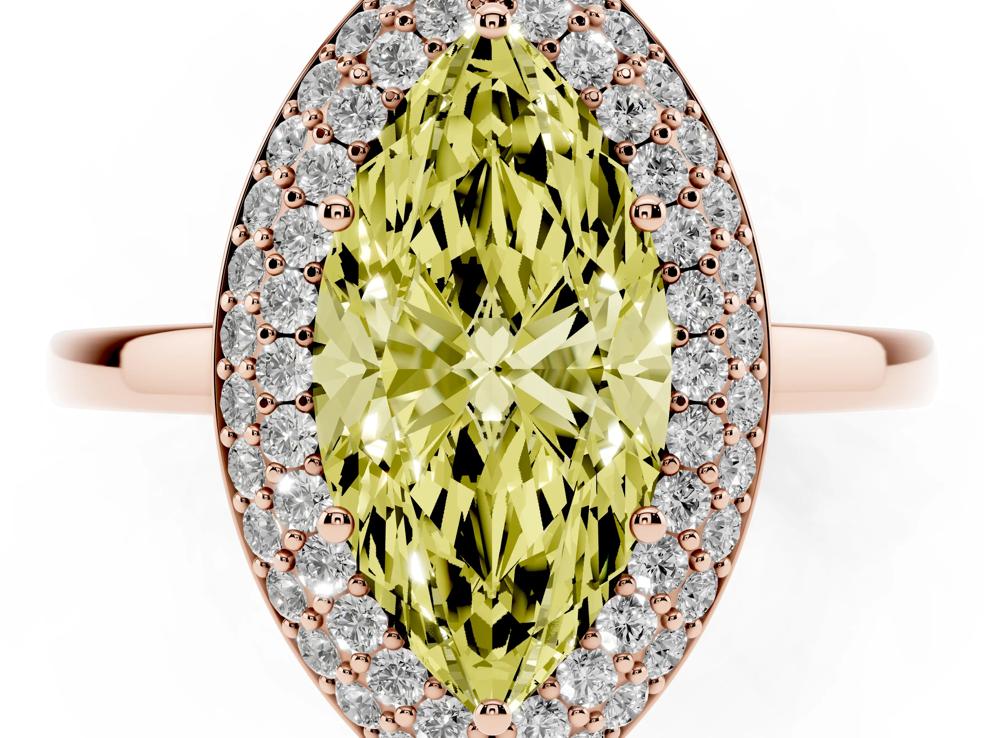 Fancy Yellow Marquise Cut Diamond Halo Engagement Ring Set in Rose gold with Solitaire Band and Prong Setting