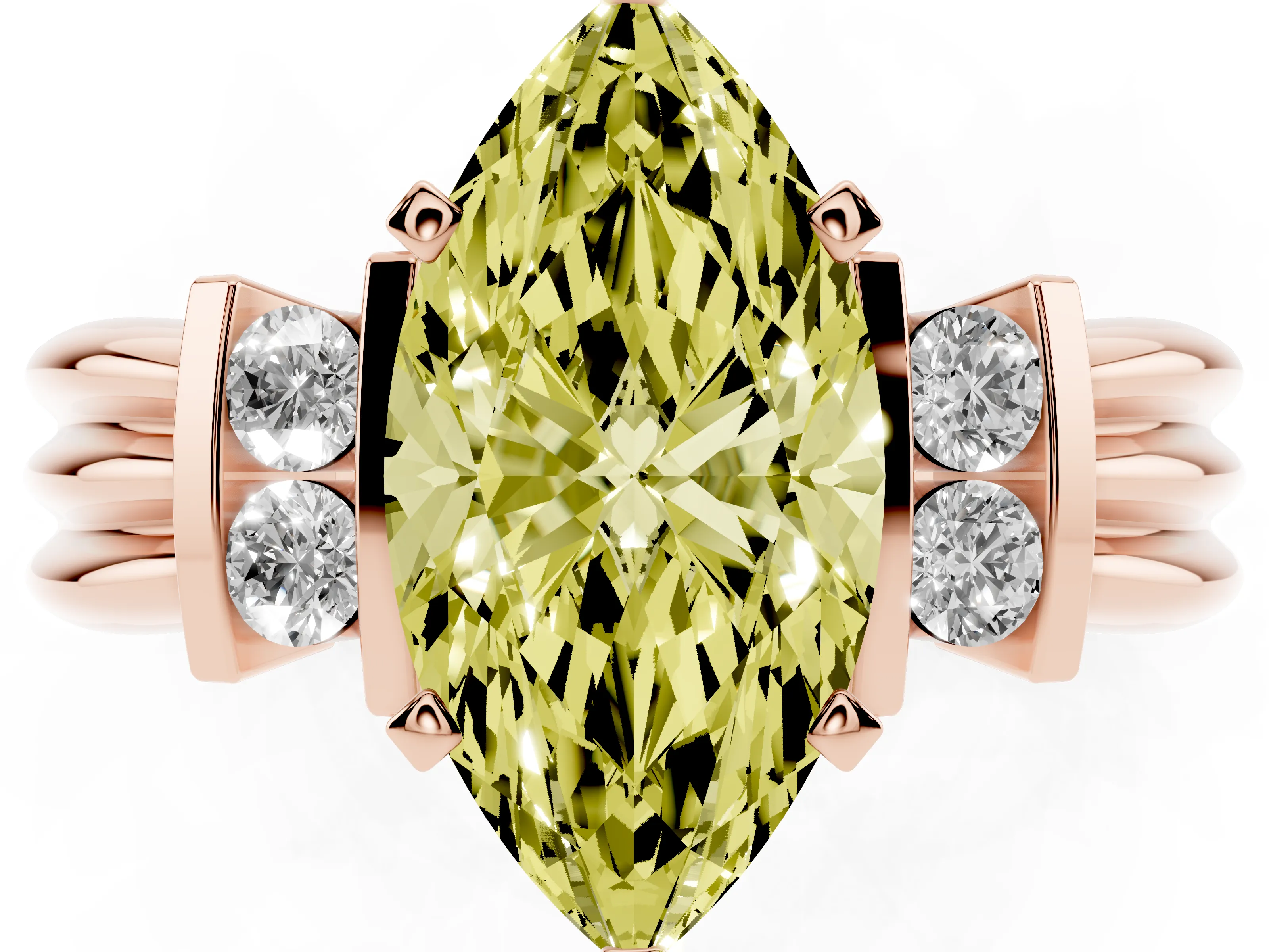 Fancy Yellow Three-Stone Marquise Cut Diamond Channel Set Ring Set in Rose gold with Bar Prongs