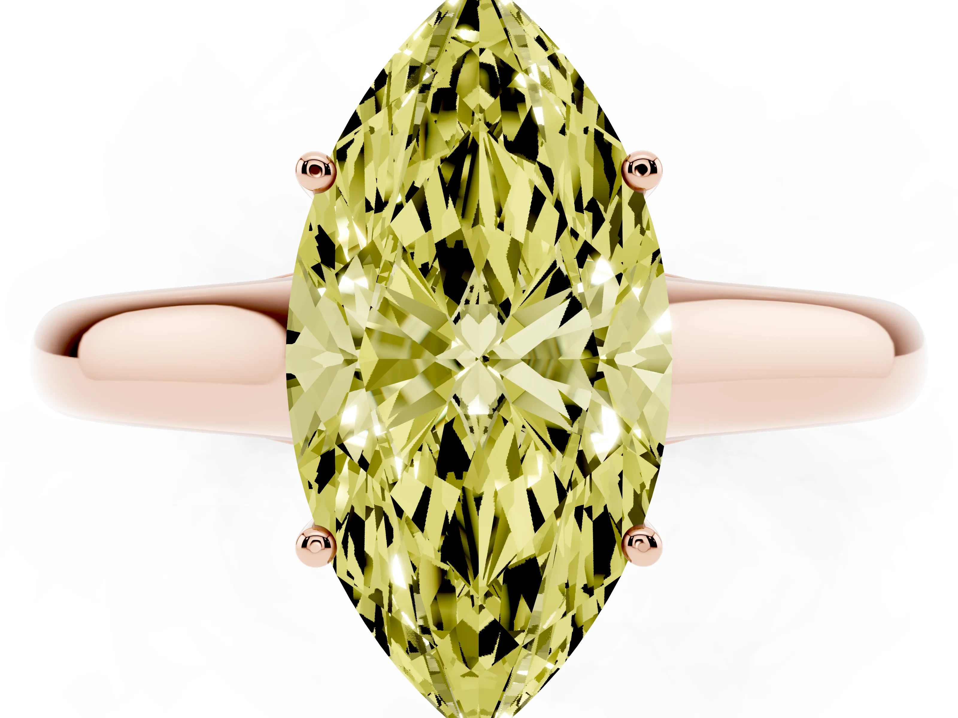 Fancy Yellow Marquise Cut Diamond Solitaire Engagement Ring Set in Rose gold with Subtly Tapered Band and Prong Setting
