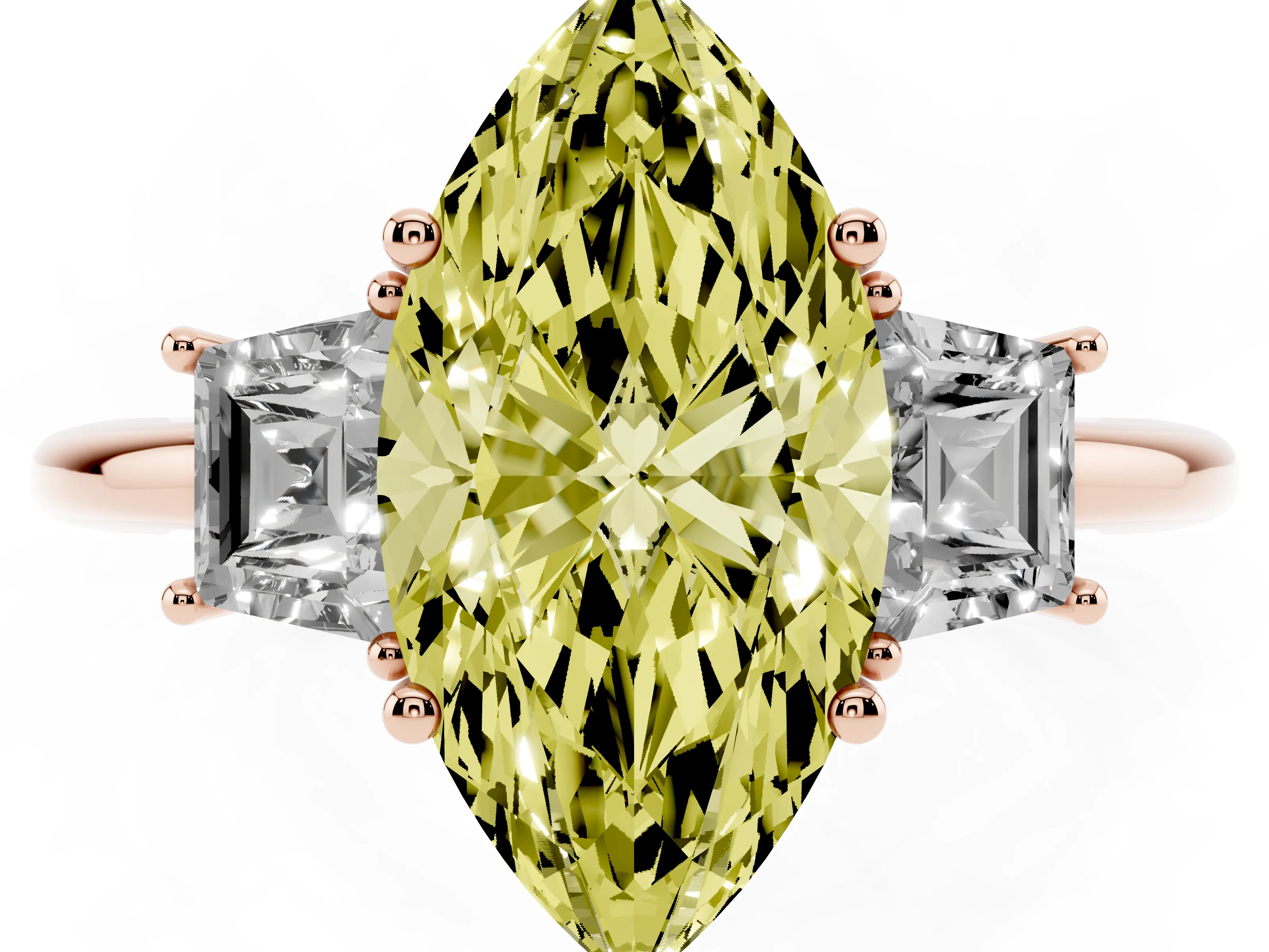 Fancy Yellow Marquise Cut Diamond Three-Stone Ring Set in Rose gold with Trapezoid Side Stones and Prong Setting