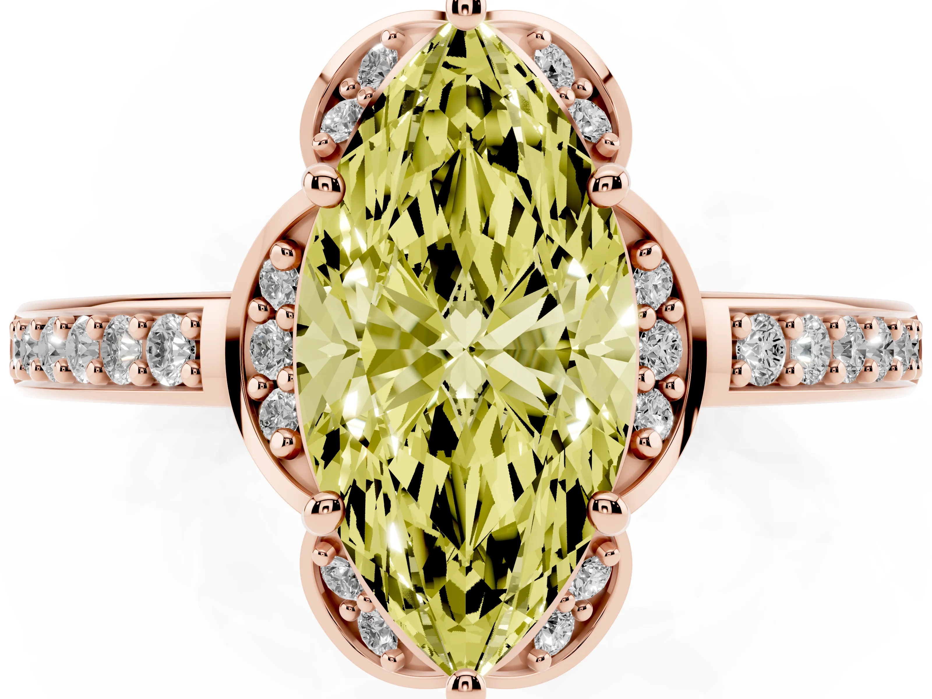 Fancy Yellow Marquise Cut Diamond Halo Ring Set in Rose gold with Channel Set Band and Prong Setting