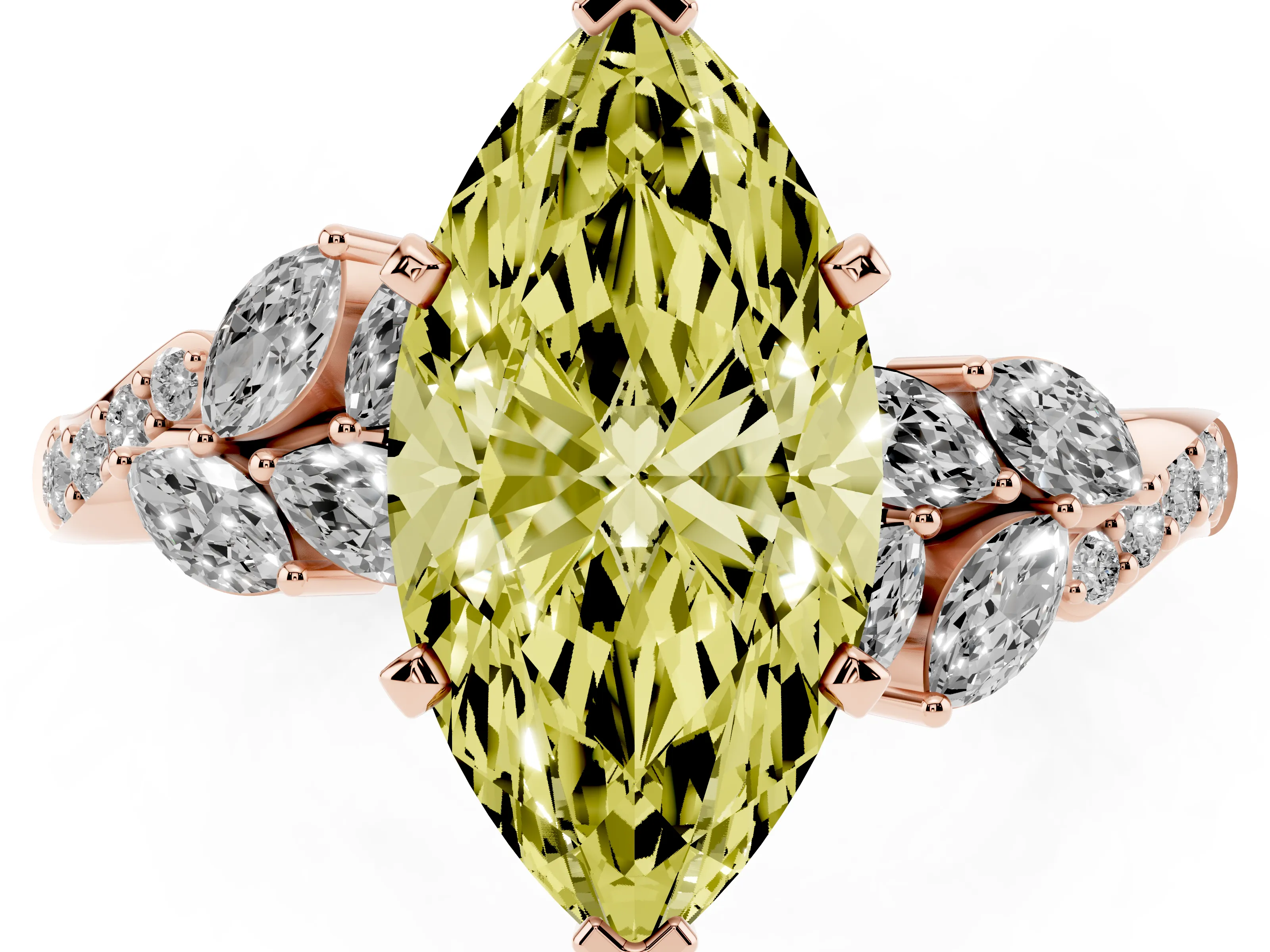 Fancy Yellow Marquise Cut Diamond Solitaire Ring Set in Rose gold with Marquise Twist Band and Prong Setting