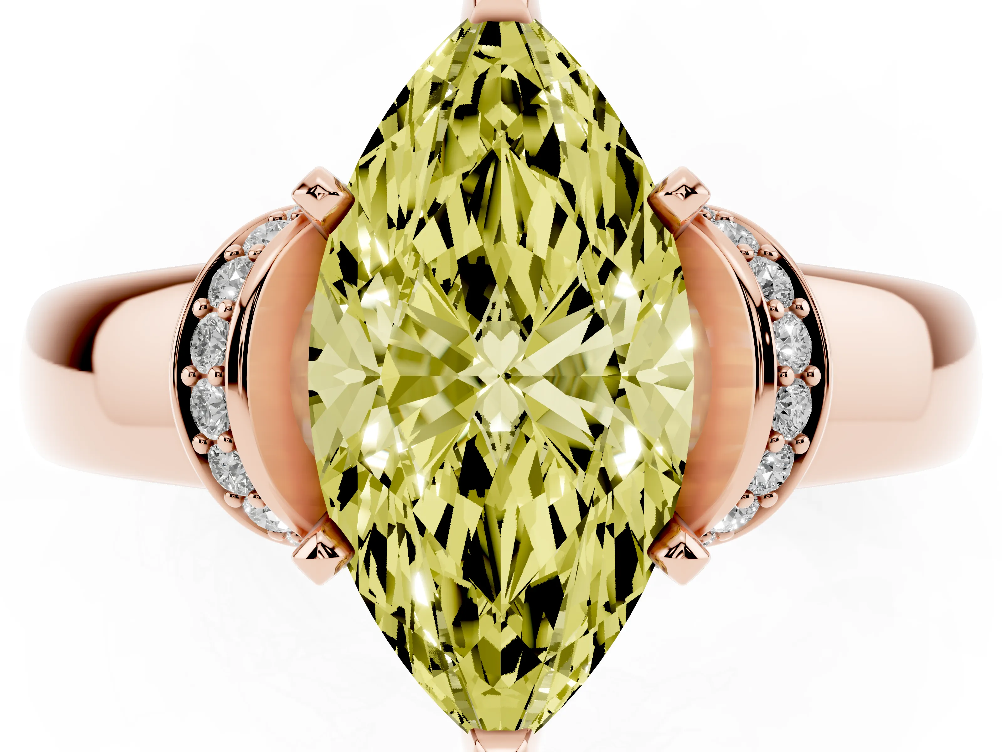 Fancy Yellow Marquise Cut Diamond Pavé Band Solitaire Ring Set in Rose gold with Prong Setting