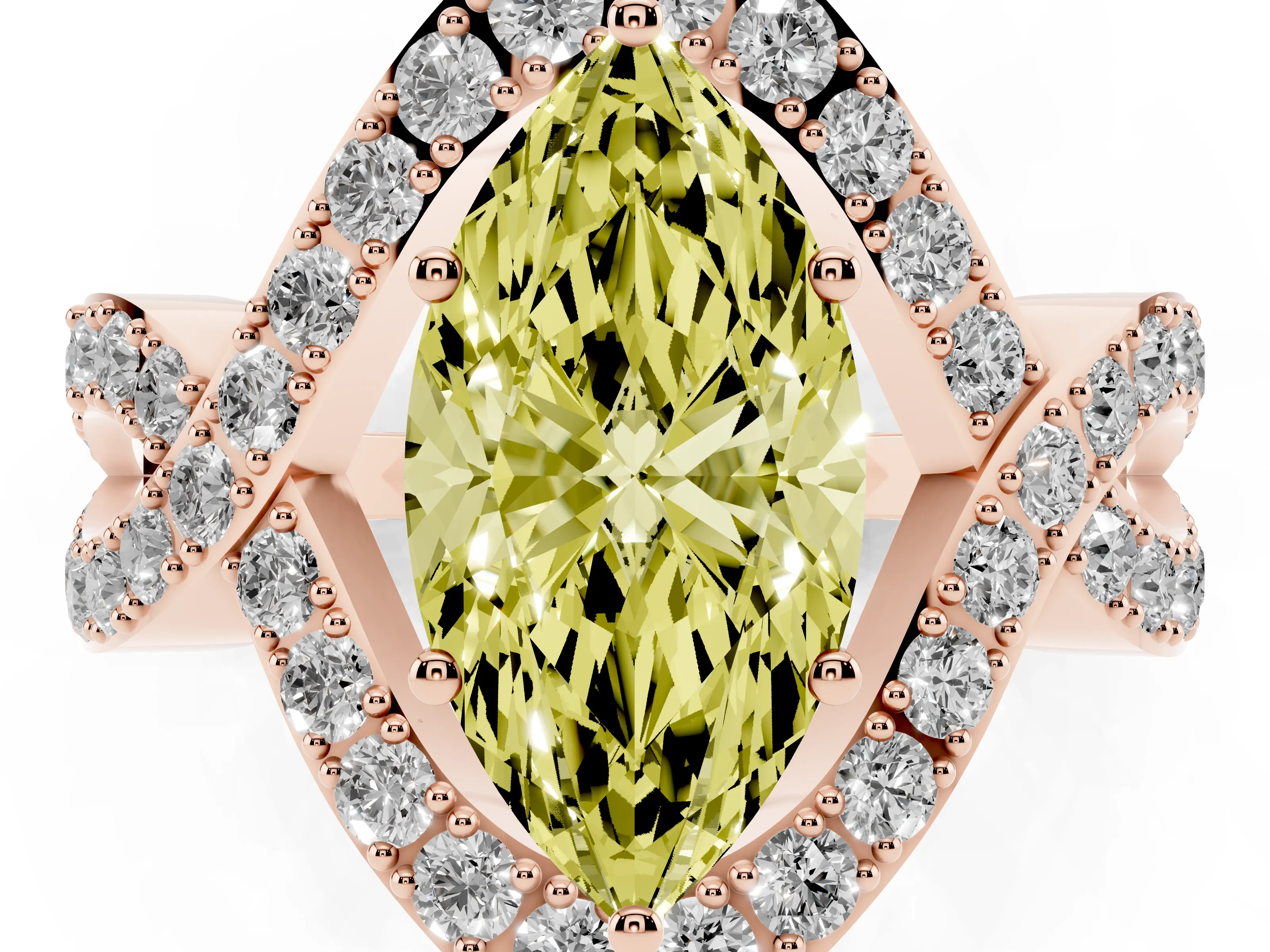 Fancy Yellow Marquise Cut Diamond Solitaire Twist Band Pavé Engagement Ring Set in Rose gold