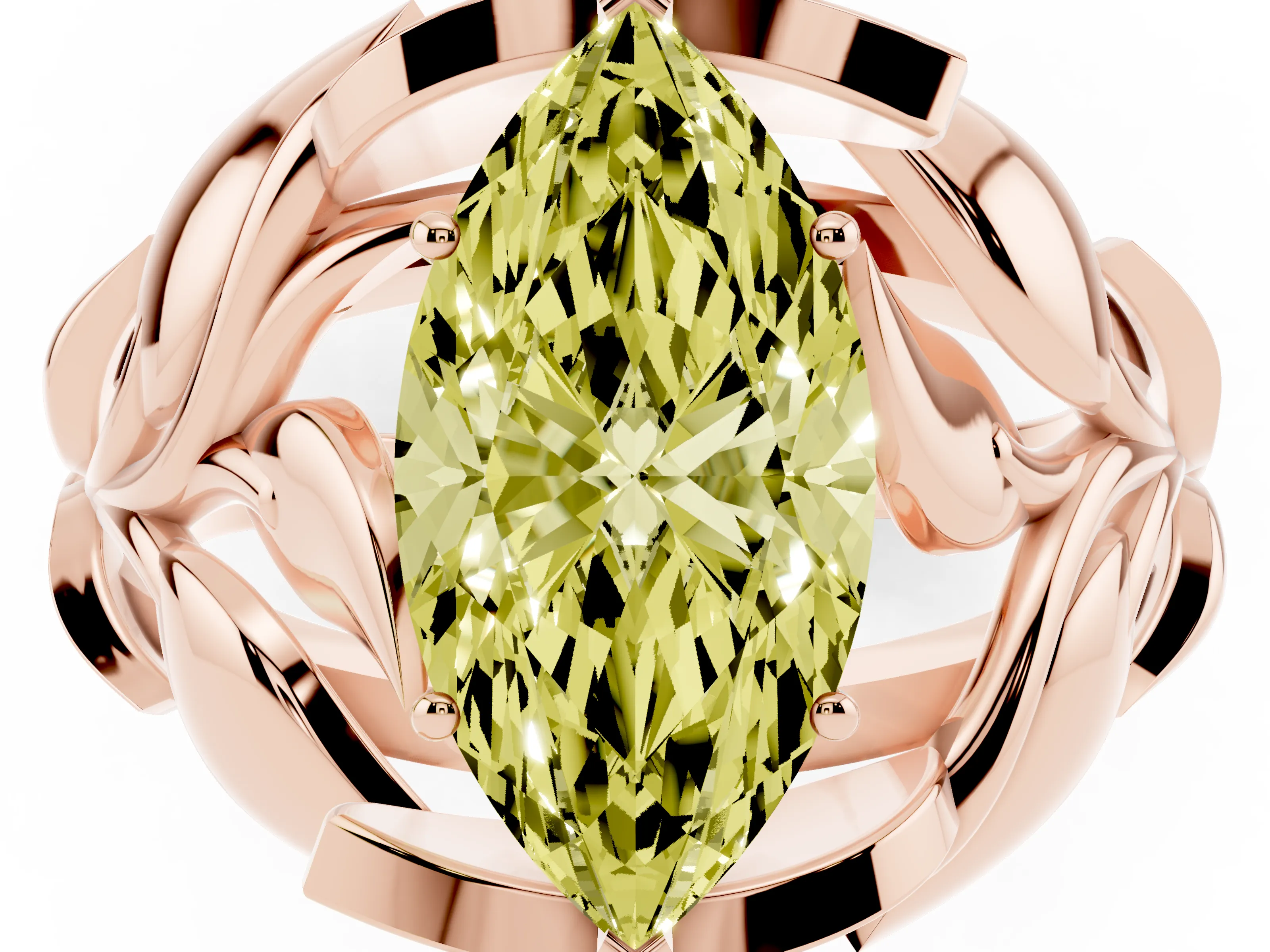 Fancy Yellow Marquise Cut Diamond Leaf-Inspired Engagement Ring Set in Rose gold with Round Accents