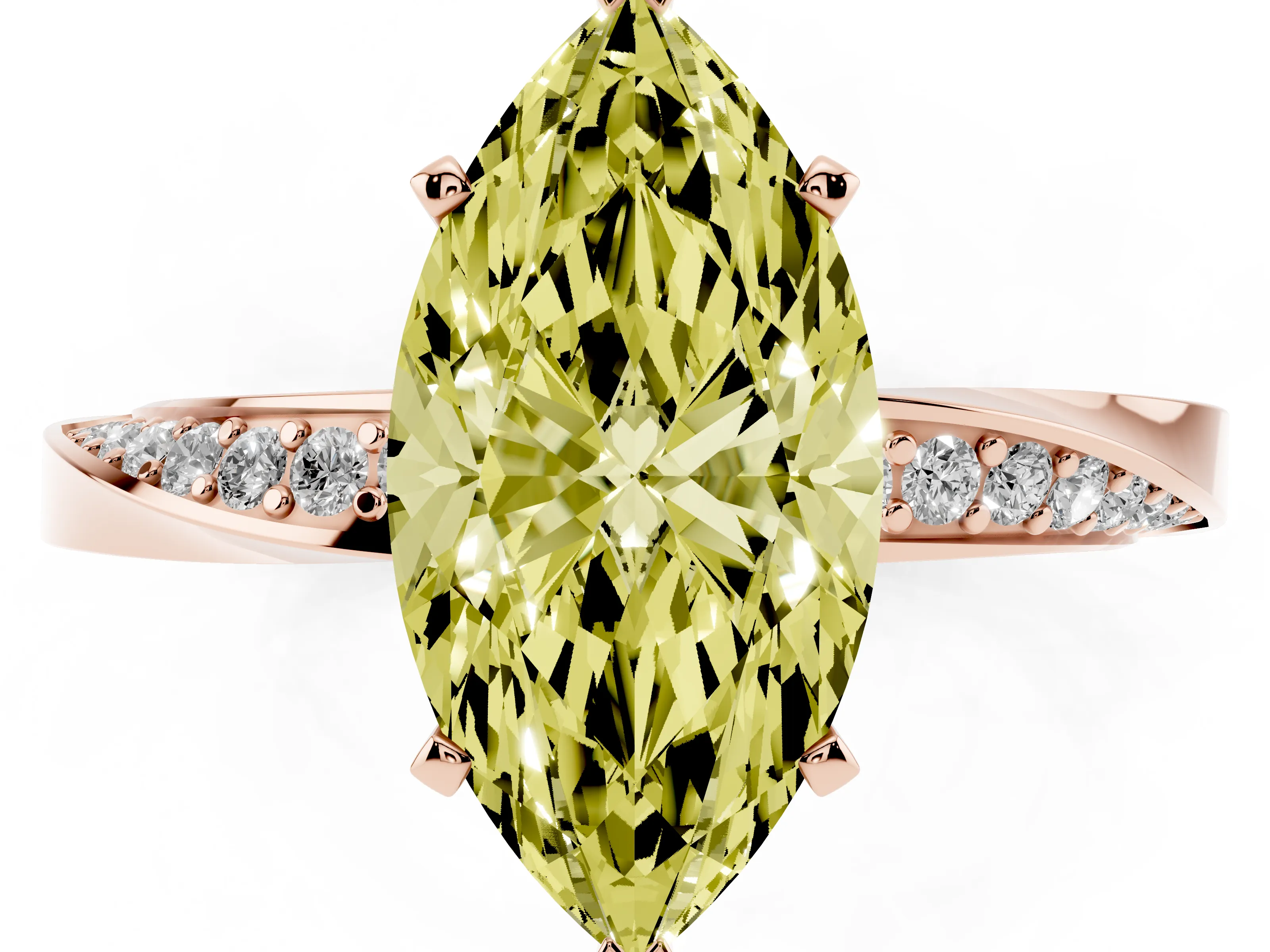 Fancy Yellow Marquise Cut Diamond Engagement Ring Set in Rose gold with Side Stone Accents and Prong Setting