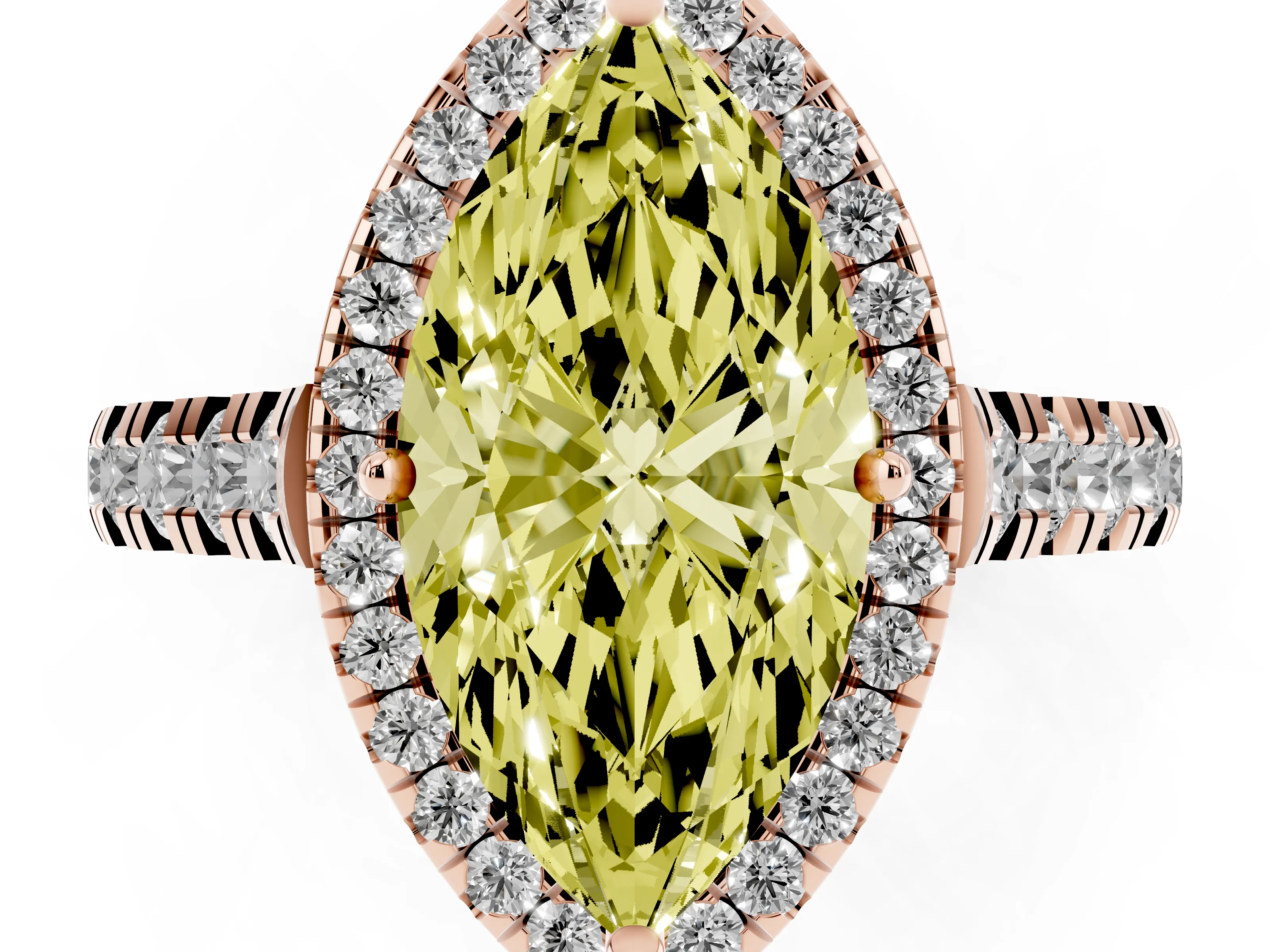 Fancy Yellow Marquise Cut Diamond Halo Engagement Ring Set in Rose gold with Pavé Band and Prong-Set Center