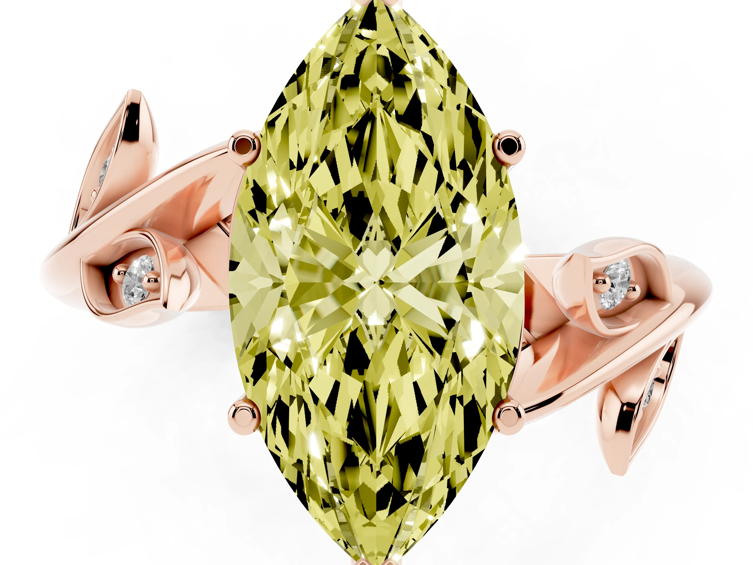 Fancy Yellow Marquise Cut Diamond Solitaire Twist Engagement Ring Set in Rose gold with Pavé Leaf Accents