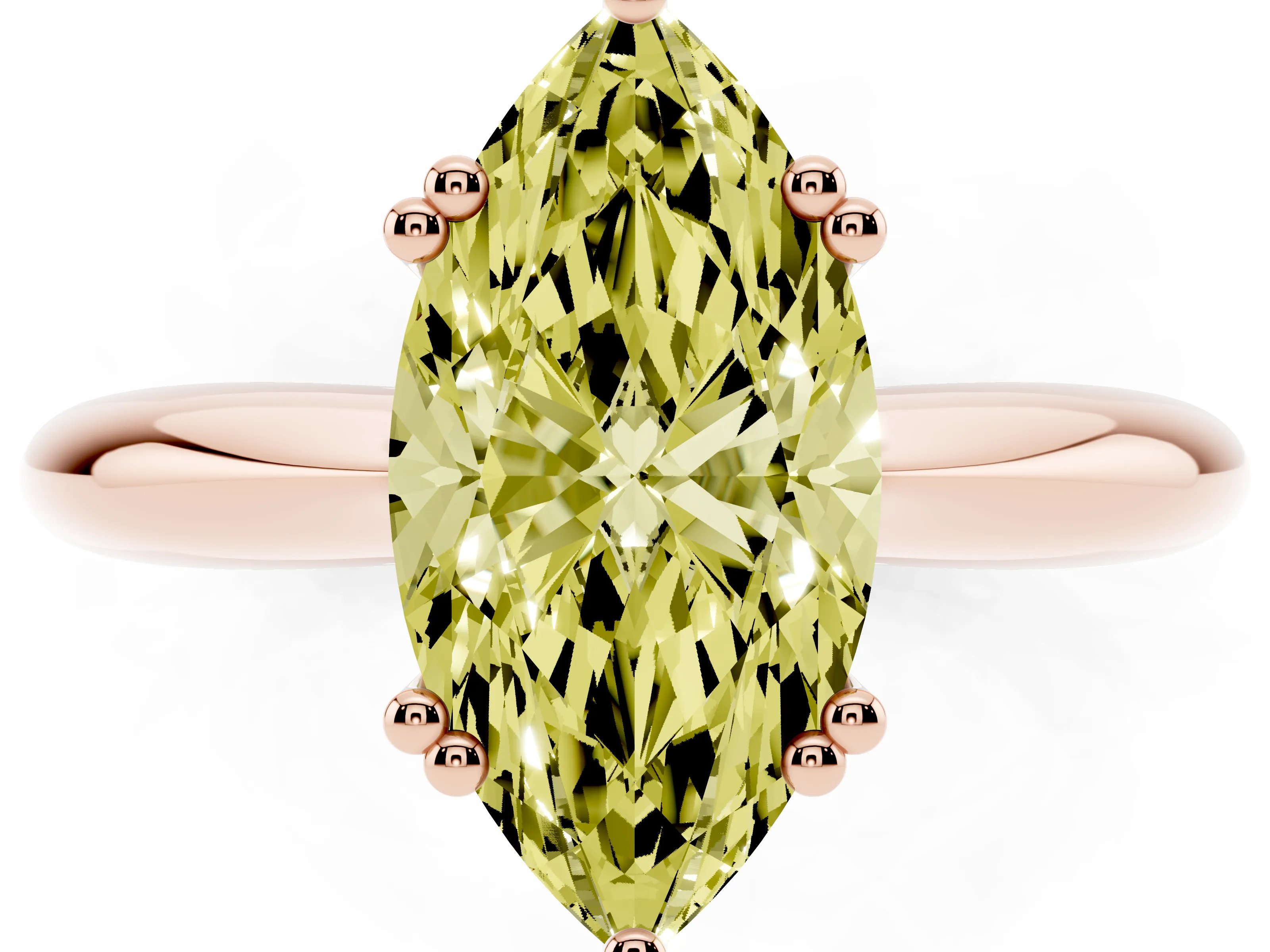 Fancy Yellow Marquise Cut Diamond Solitaire Engagement Ring Set in Rose gold with Tapered Band and Prong Setting
