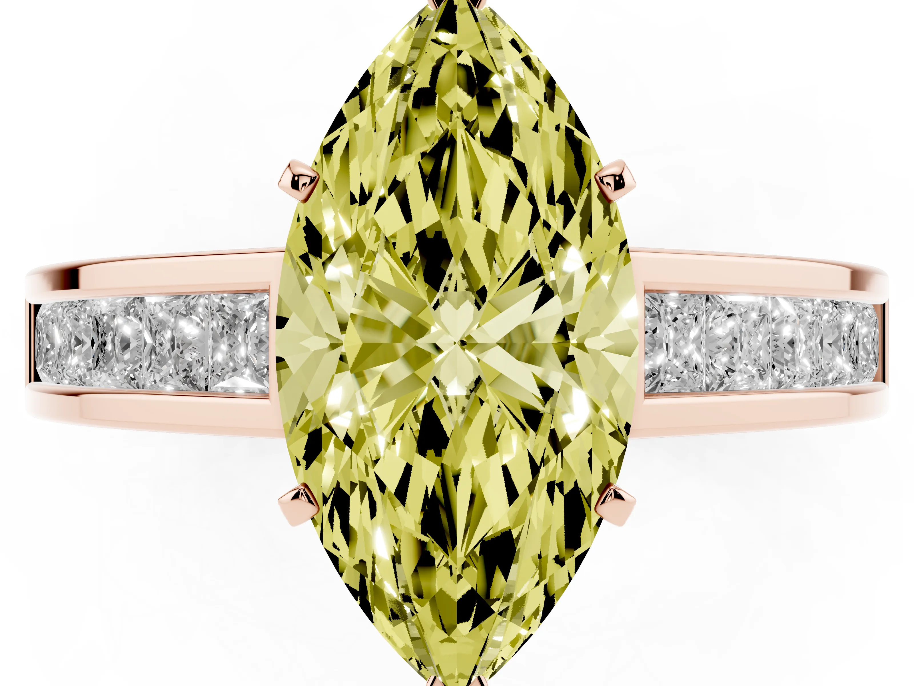 Fancy Yellow Marquise Cut Diamond Solitaire Ring Set in Rose gold with Channel-Set Band and Prong Setting