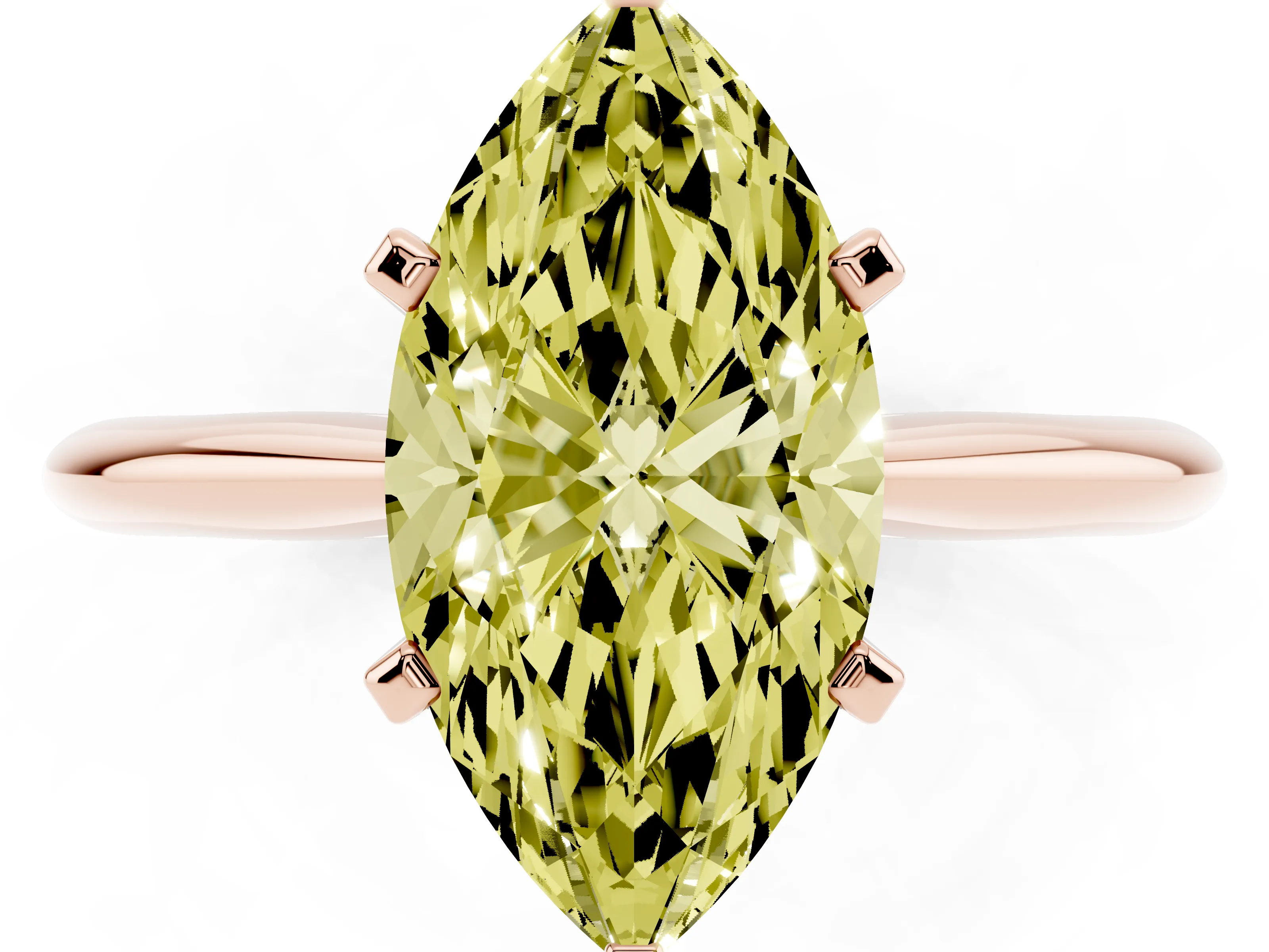 Fancy Yellow Marquise Cut Diamond Solitaire Ring Set in Rose gold with Prong Setting on a Plain Round Band