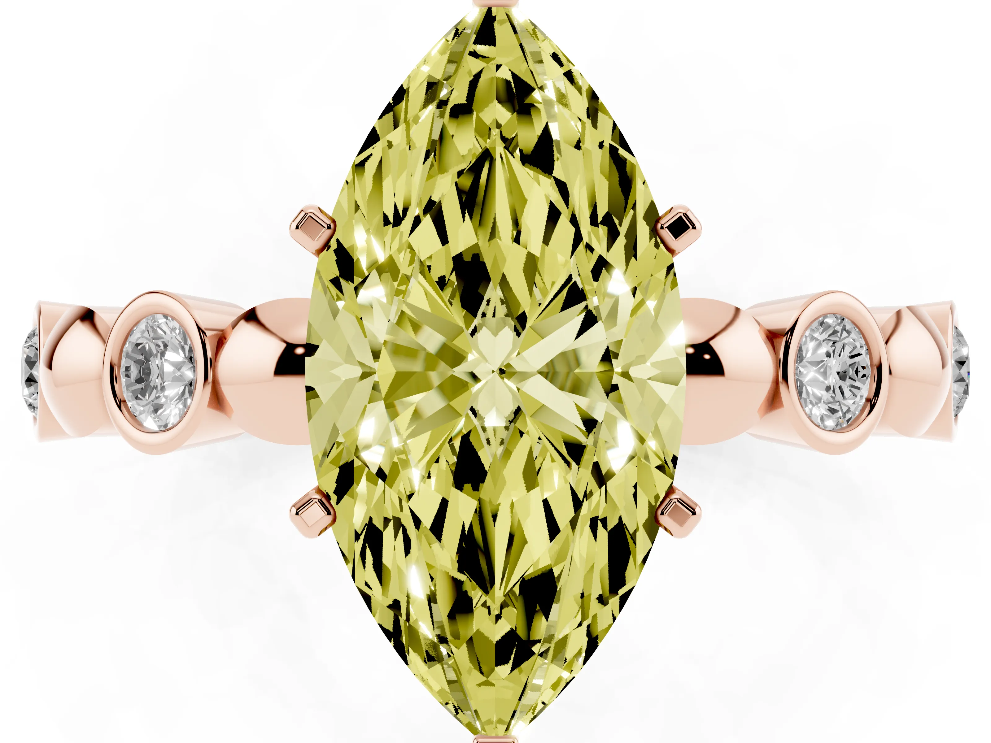 Fancy Yellow Marquise Cut Diamond Solitaire Ring Set in Rose gold with Bezel-Set Accents on Beaded Band and Prong Setting
