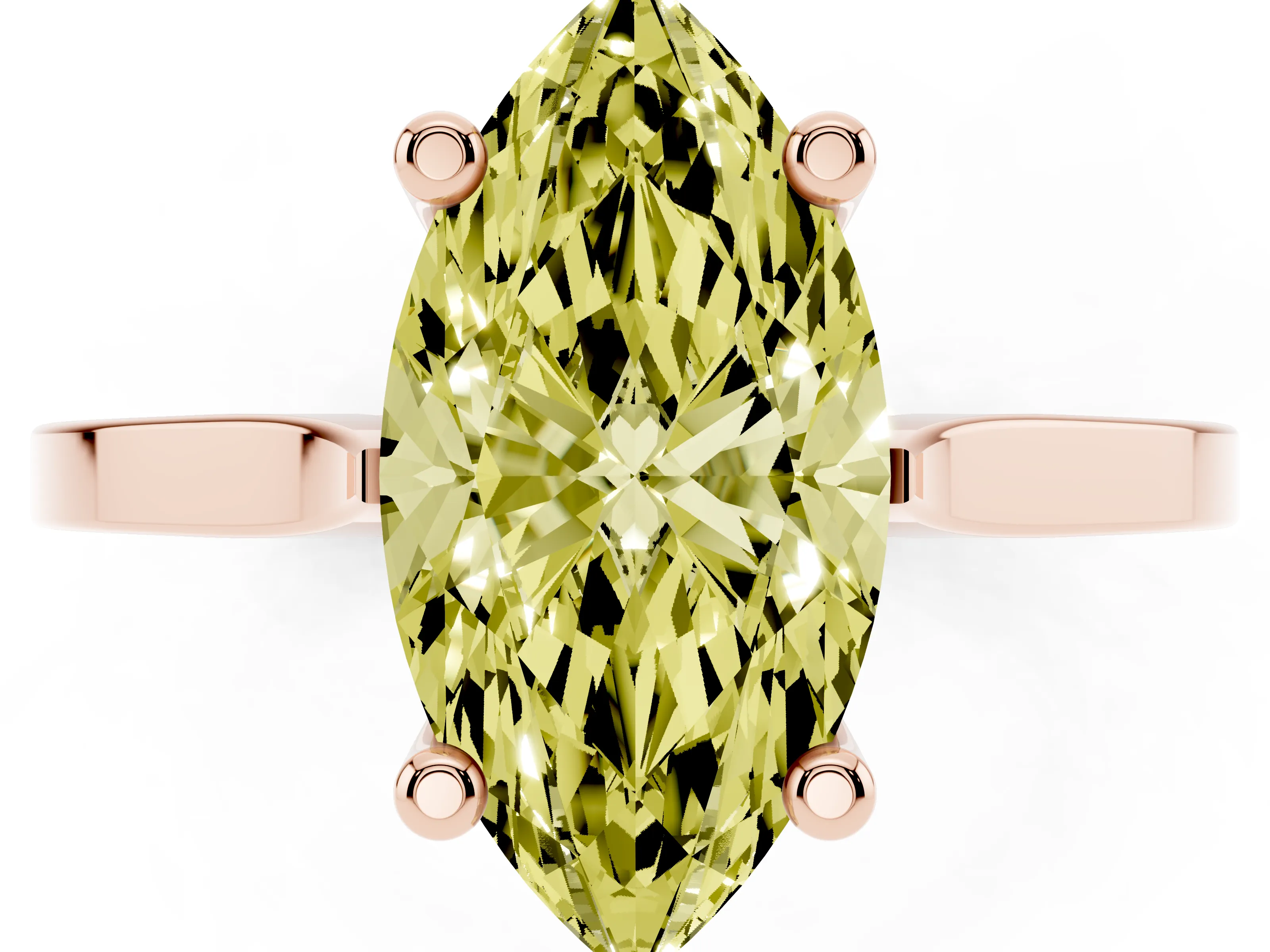 Fancy Yellow Marquise Cut Diamond Solitaire Ring Set in Rose gold with Prong Setting and Tapered Band