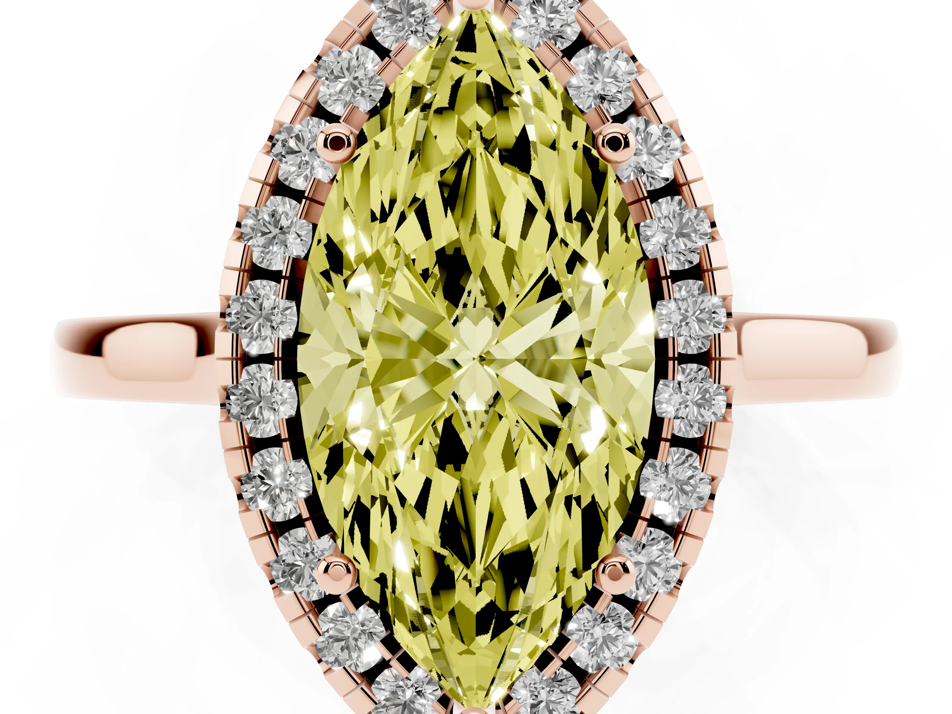 Fancy Yellow Marquise Cut Halo Round Diamond Solitaire Ring Set in Rose gold with Pavé Band and Prong Setting