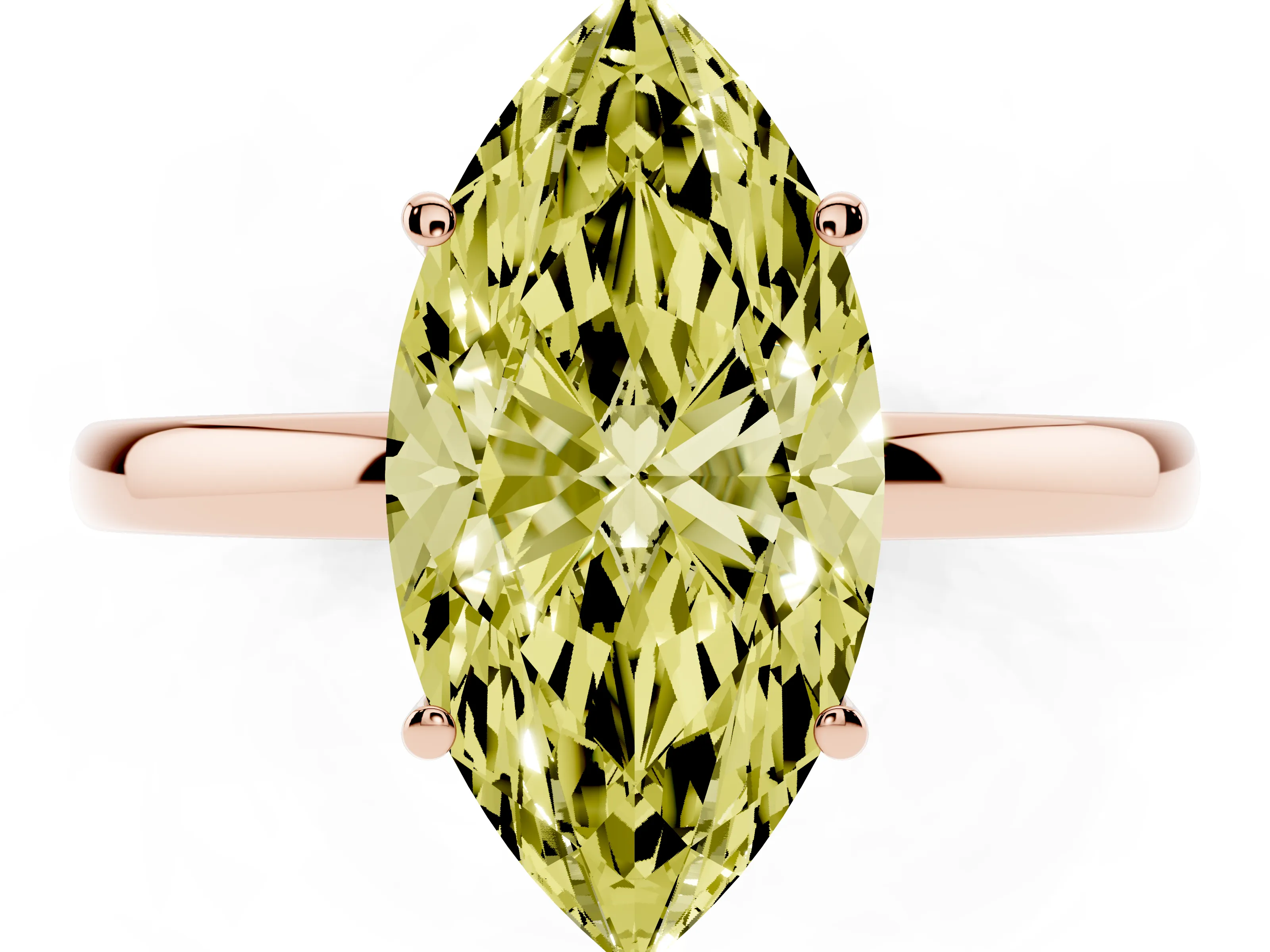 Fancy Yellow Marquise Cut Diamond Solitaire Ring Set in Rose gold with Plain Band and Prong Setting
