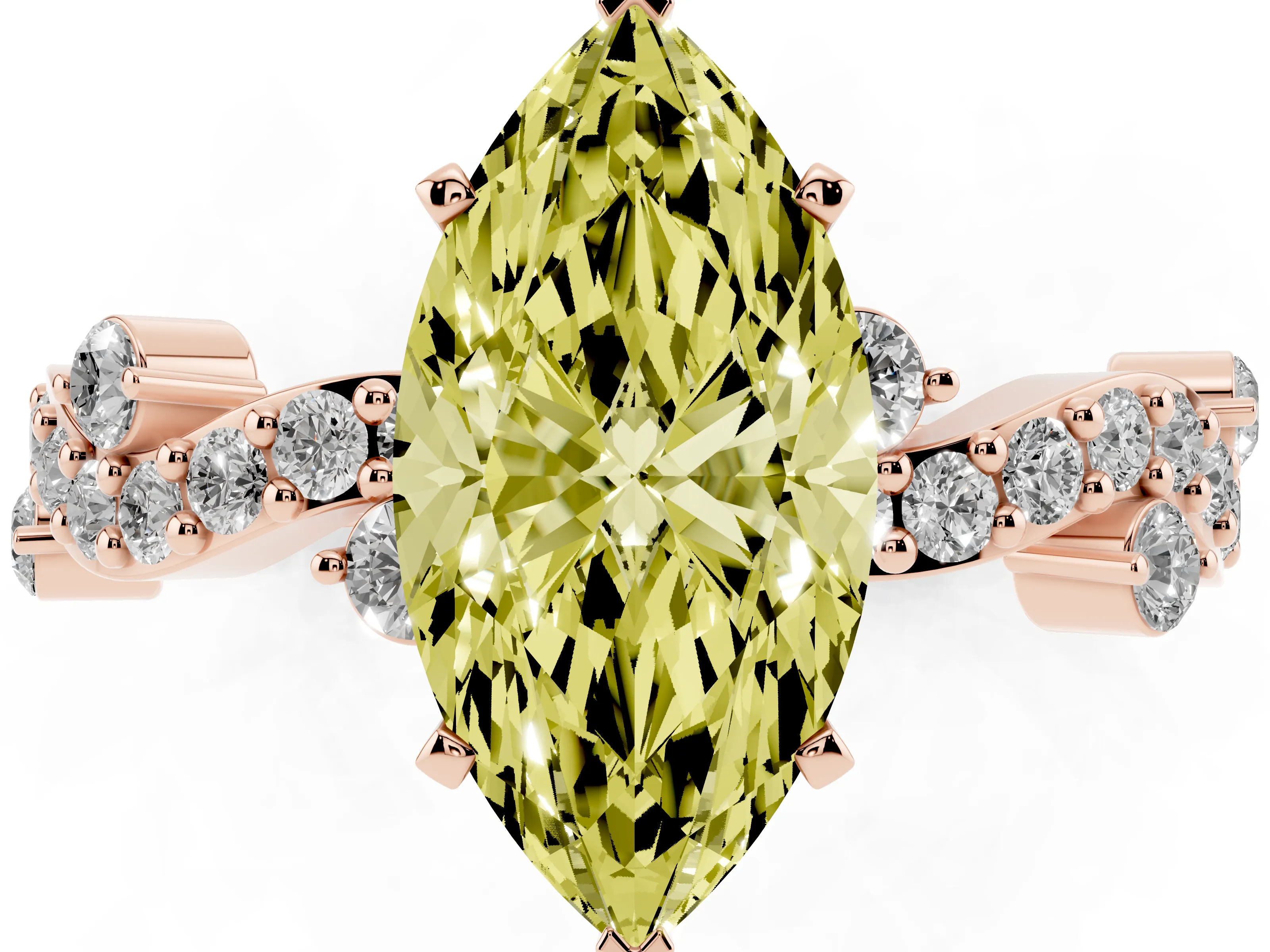 Fancy Yellow Marquise Cut Diamond Solitaire Twisted Band Set in Rose gold with Pavé Setting
