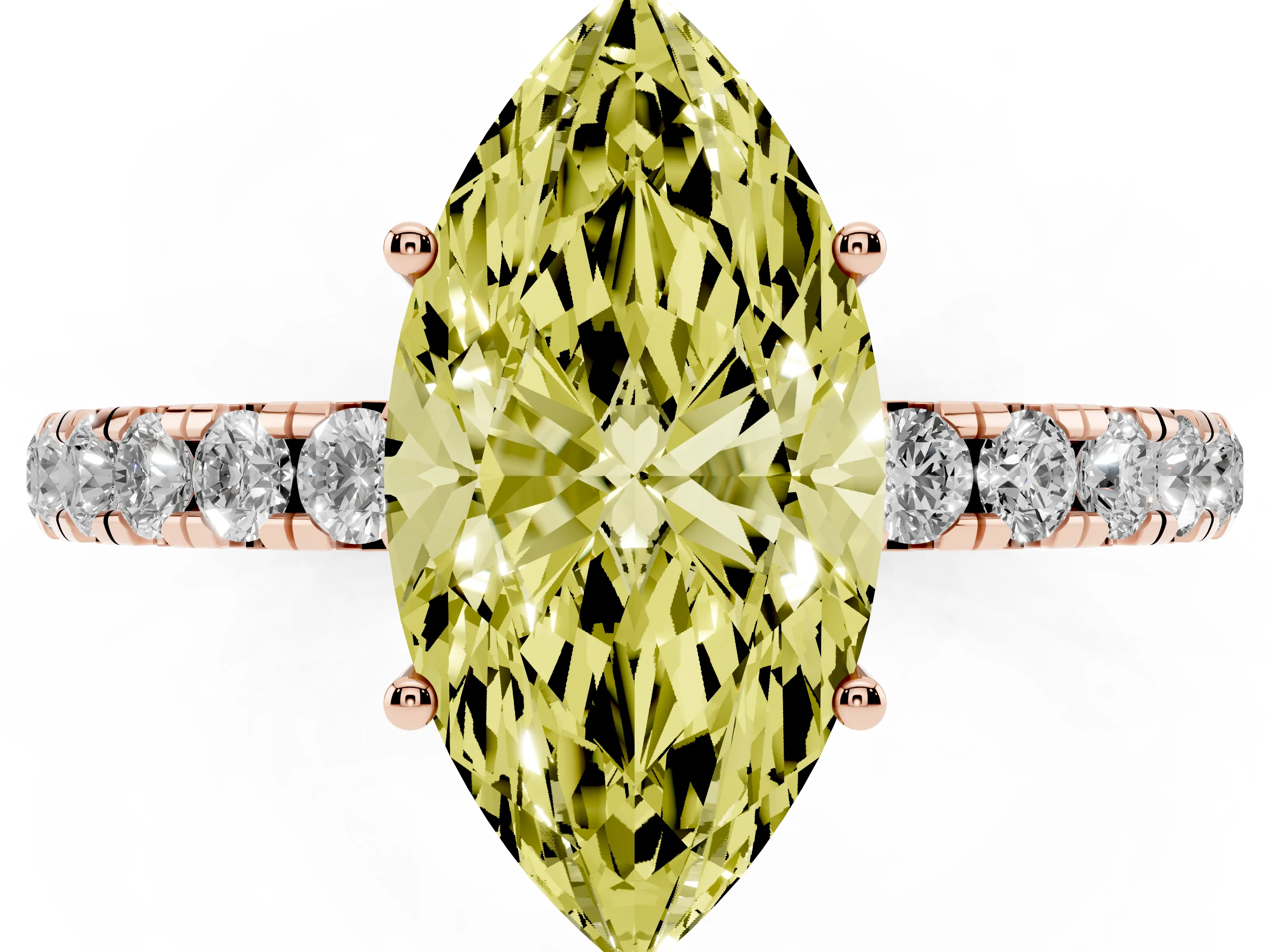 Fancy Yellow Marquise Cut Diamond Pavé Solitaire Engagement Ring Set in Rose gold with Prong Setting