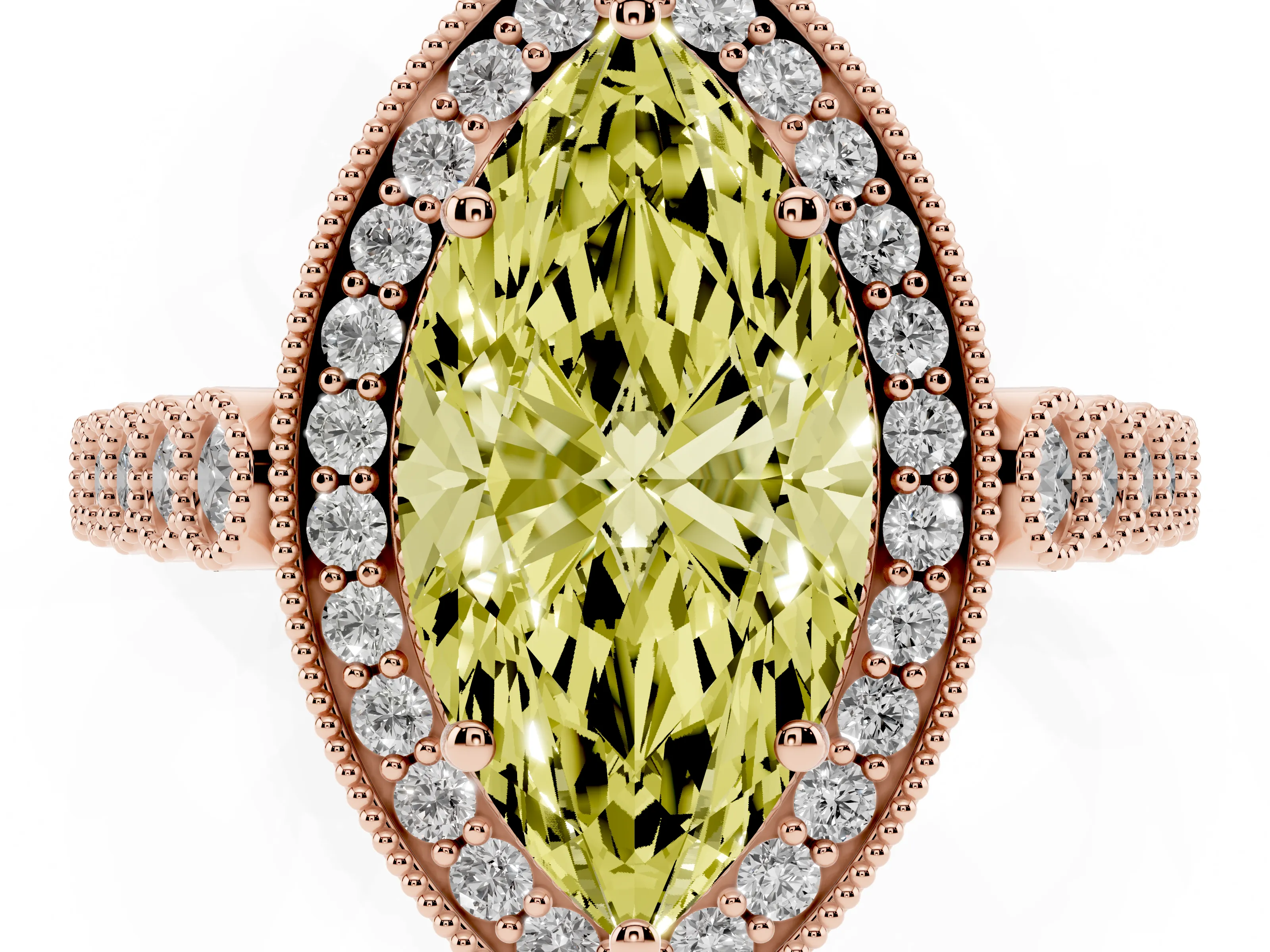 Fancy Yellow Marquise Cut Diamond Milgrain Halo Solitaire Ring Set in Rose gold with Bezel Set Side Stones and Pavé Band