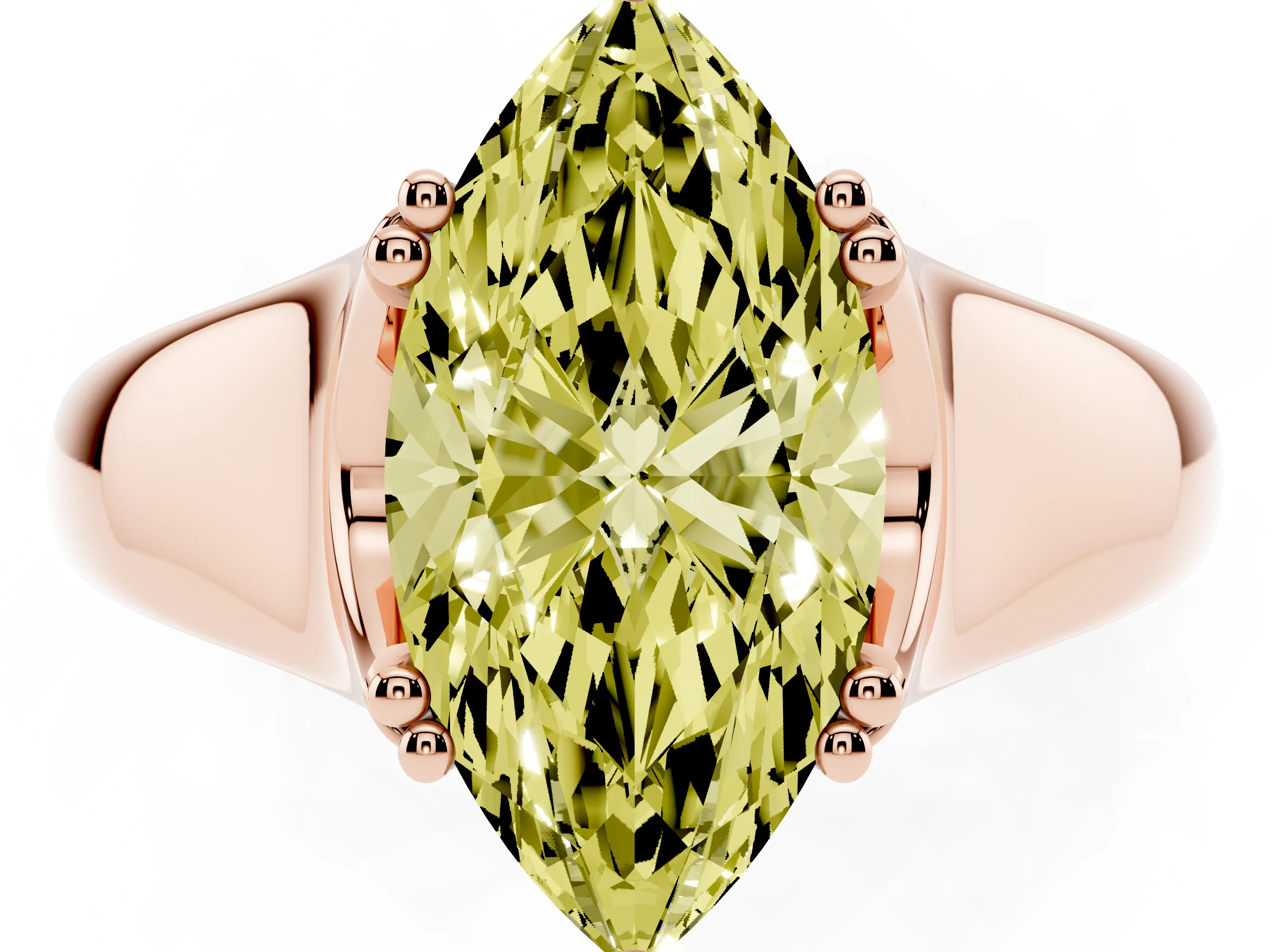 Fancy Yellow Marquise Cut Diamond Solitaire Ring Set in Rose gold with Wide Band and Prong Setting