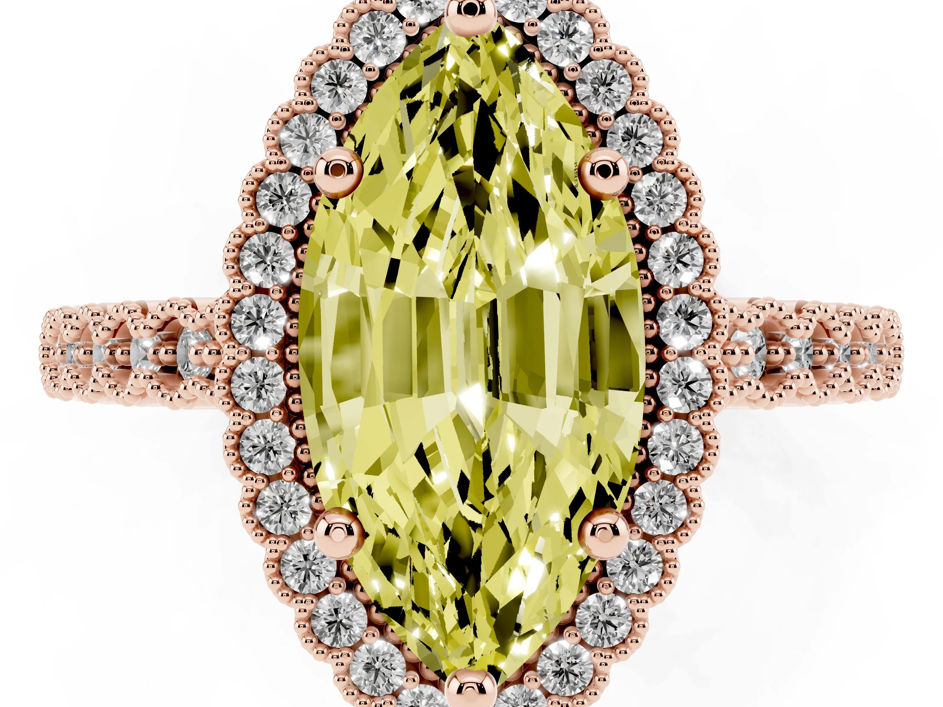 Fancy Yellow Marquise Cut Diamond Halo Ring Set in Rose gold with Pavé Milgrain Band