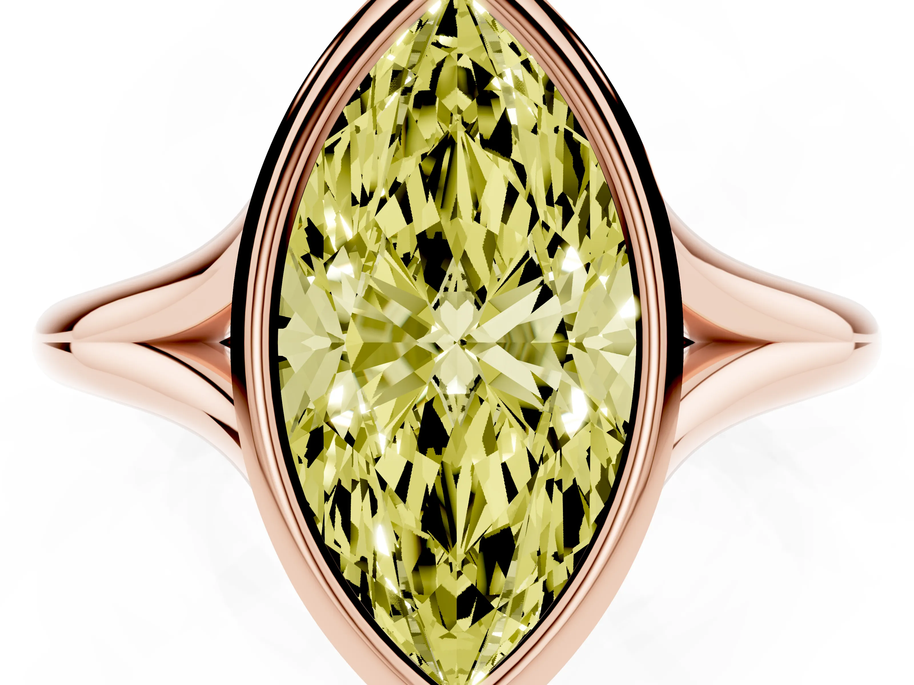 Fancy Yellow Bezel Set Marquise Cut Diamond Solitaire Ring Set in Rose gold with Tapered Band