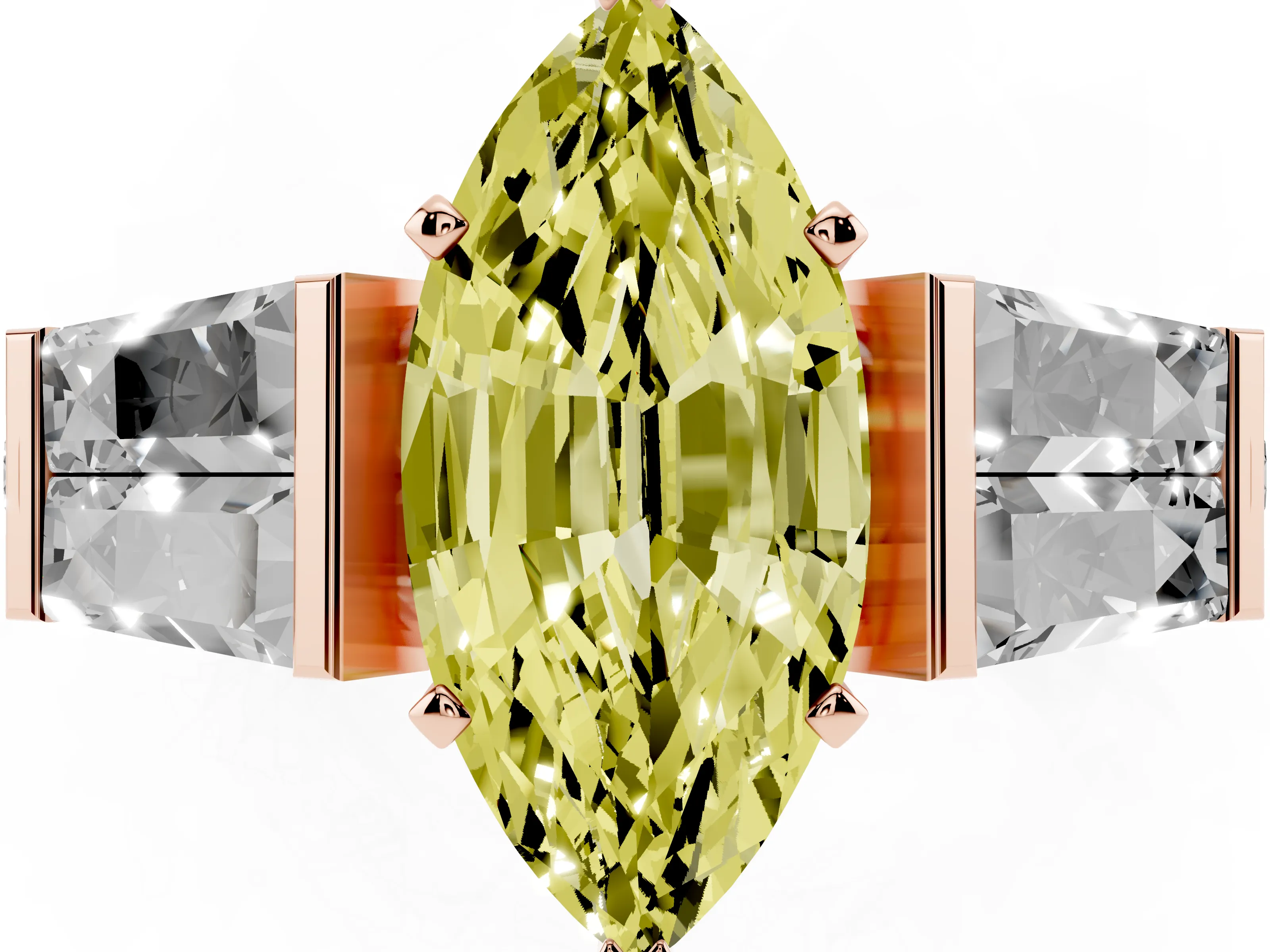Fancy Yellow Marquise Cut Diamond Engagement Ring Set in Rose gold with Baguette Side Stones and Channel Set Band