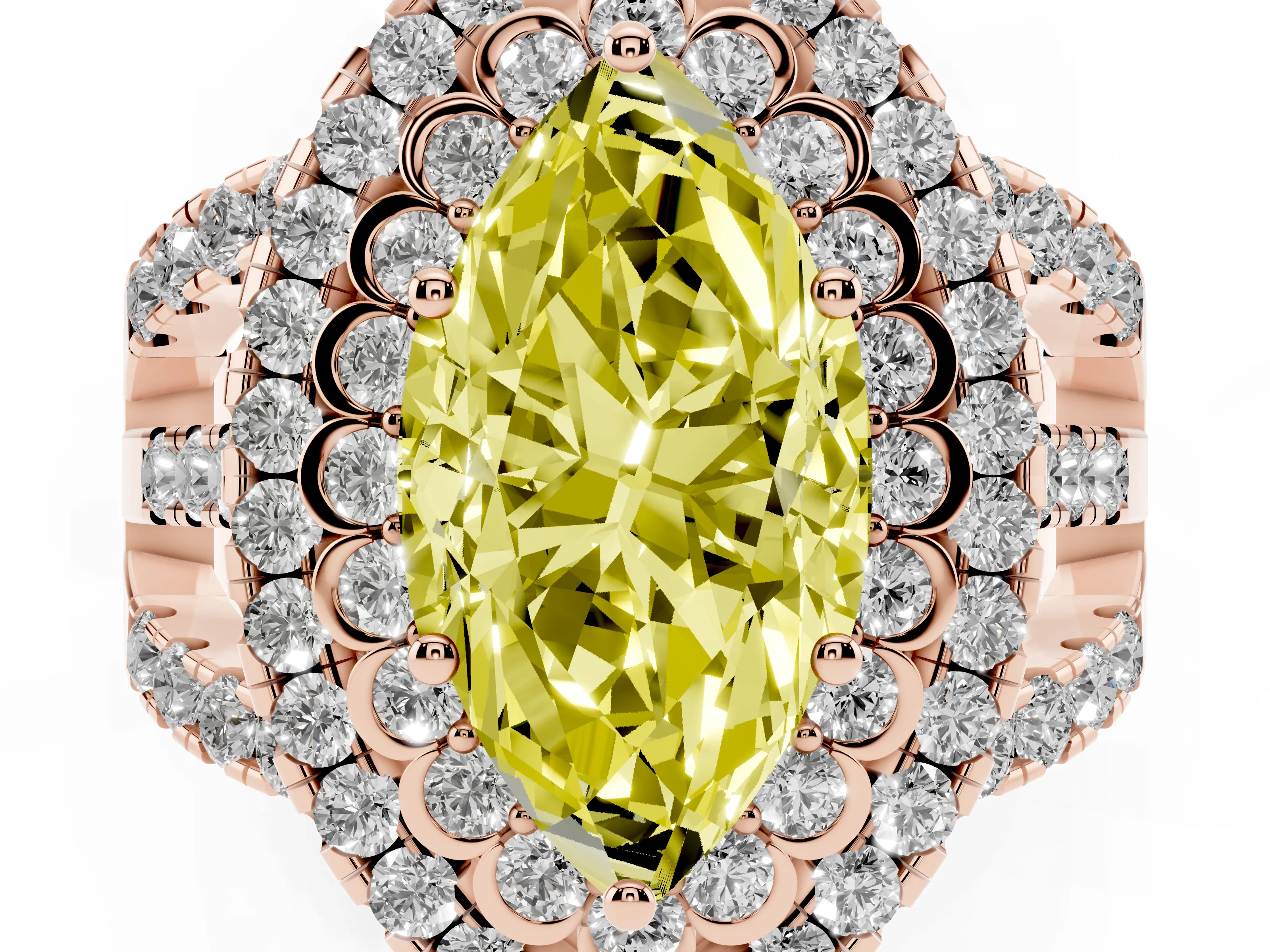 Fancy Yellow Marquise Cut Diamond Double Halo Ring Set in Rose gold with Round Pavé Split Shank