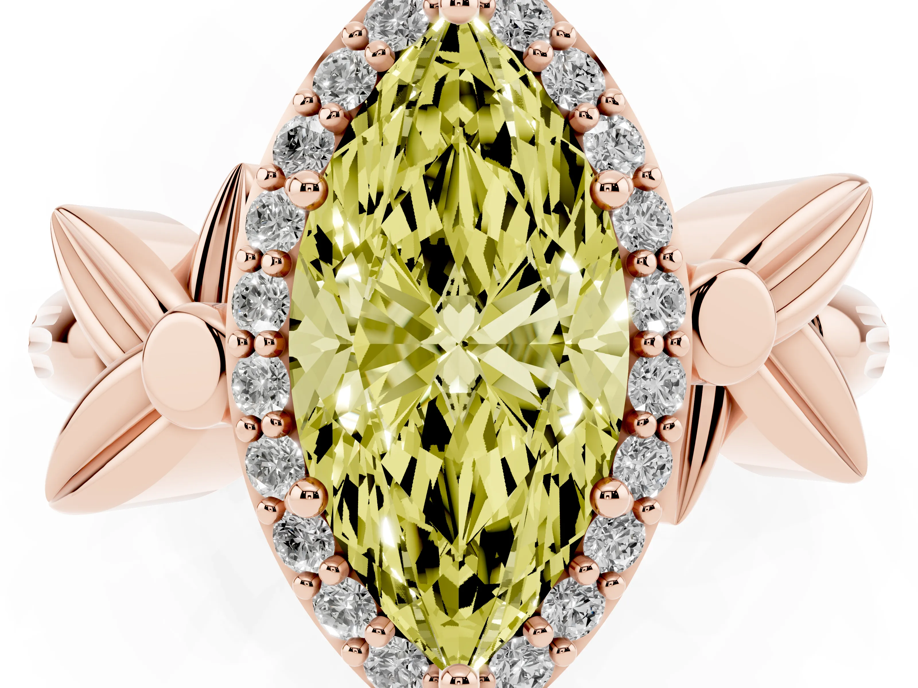 Fancy Yellow Marquise Cut Diamond Halo Floral Band Ring Set in Rose gold with Prong Setting
